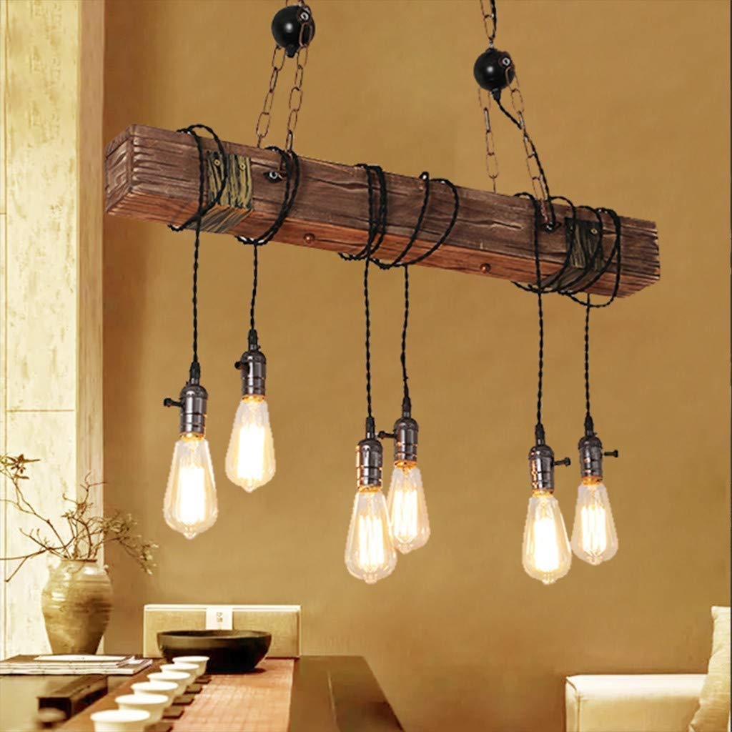 Rustic Farmhouse Chandelier - 6 Light Industrial Hanging Pendant with Adjustable Height & Switch - Perfect for Dining Room, Kitchen Island, and Entryway Lighting