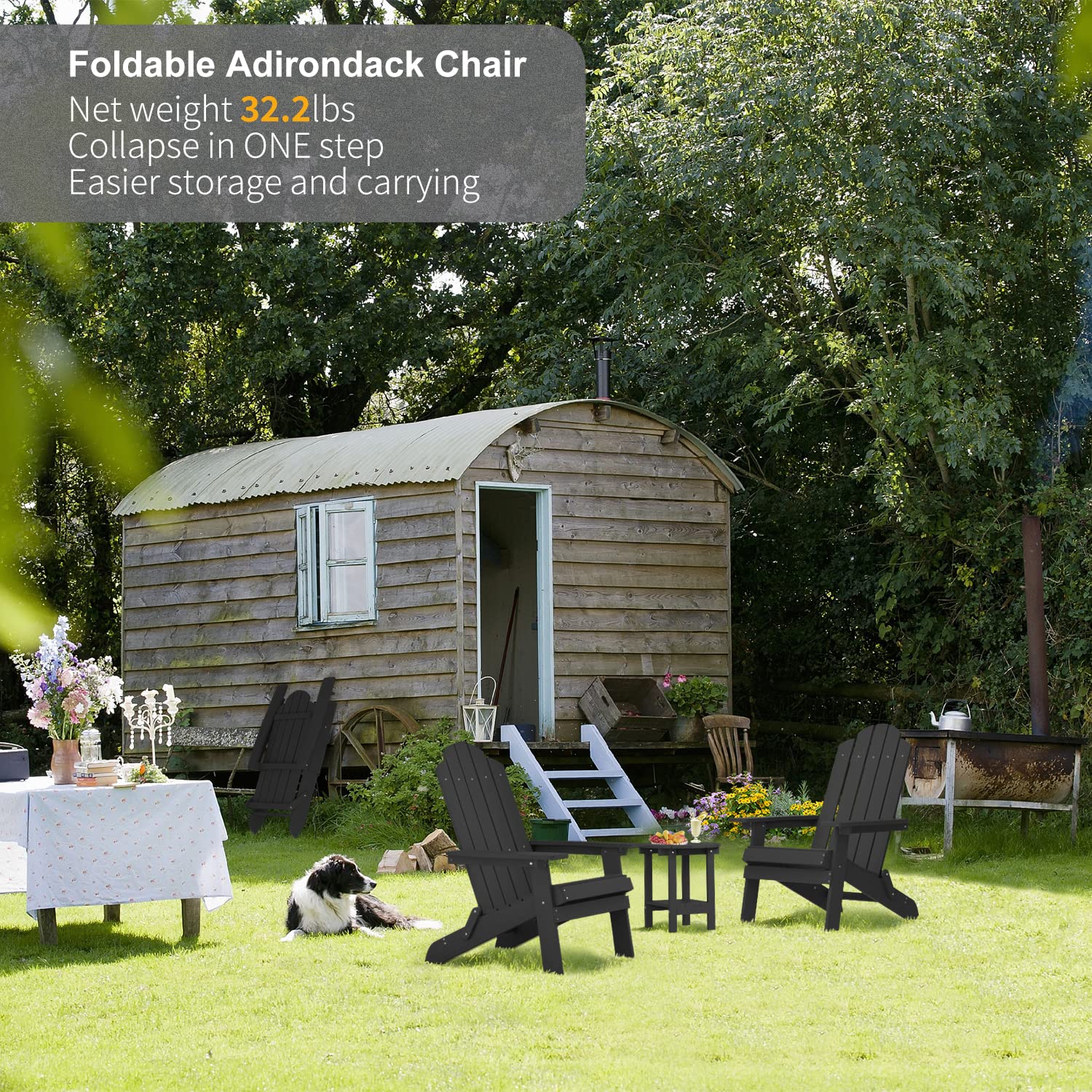 MXIMU 4-Piece Folding Adirondack Chair Set - Durable Plastic Outdoor Chairs for Lawn, Backyard, Deck, Garden & Camping - Fire Pit Seating - Black (Perfect for Relaxing, Entertaining & Outdoor Gatherings)