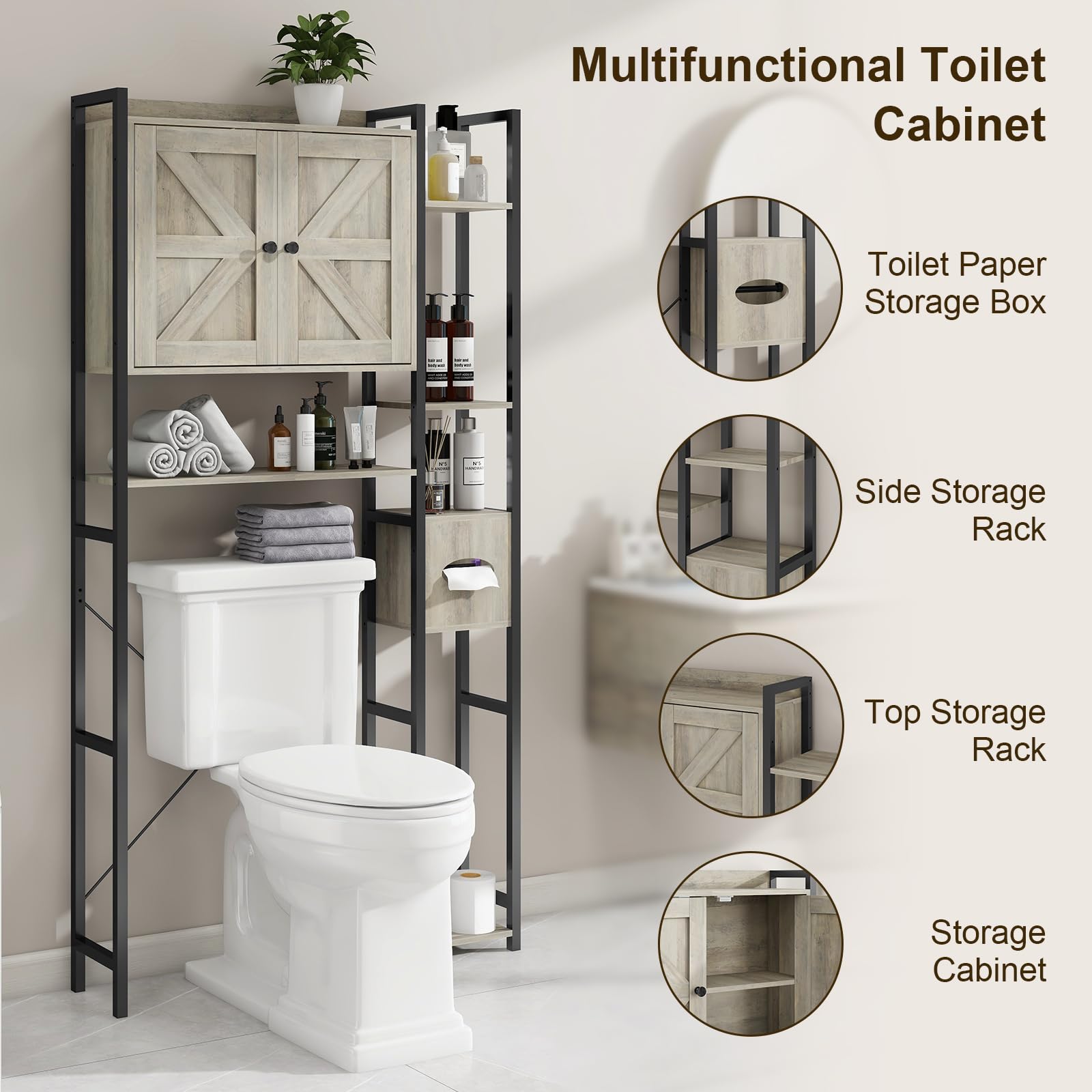 Over The Toilet Storage Cabinet with 2 Doors - Multi Layer Shelves & Waterproof Feet - Bathroom Organizer for Toilet Paper, Towels & Essentials - Perfect for Small Spaces, Laundry Room & Apartment Bathrooms