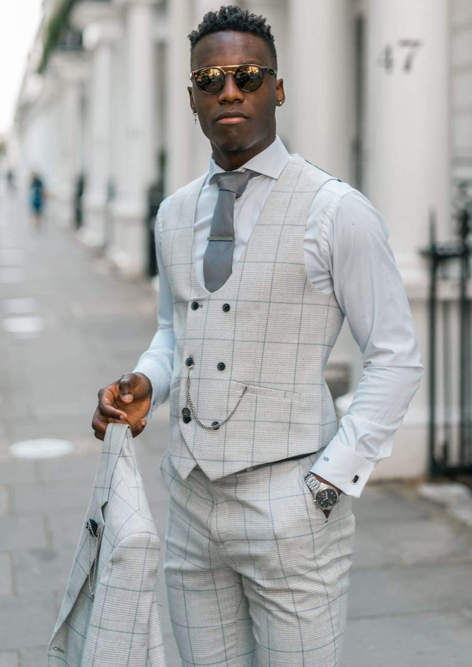 Cavani Light Grey Check Radika Waistcoat for Men - Stylish Formal Vest for Weddings, Business & Special Occasions
