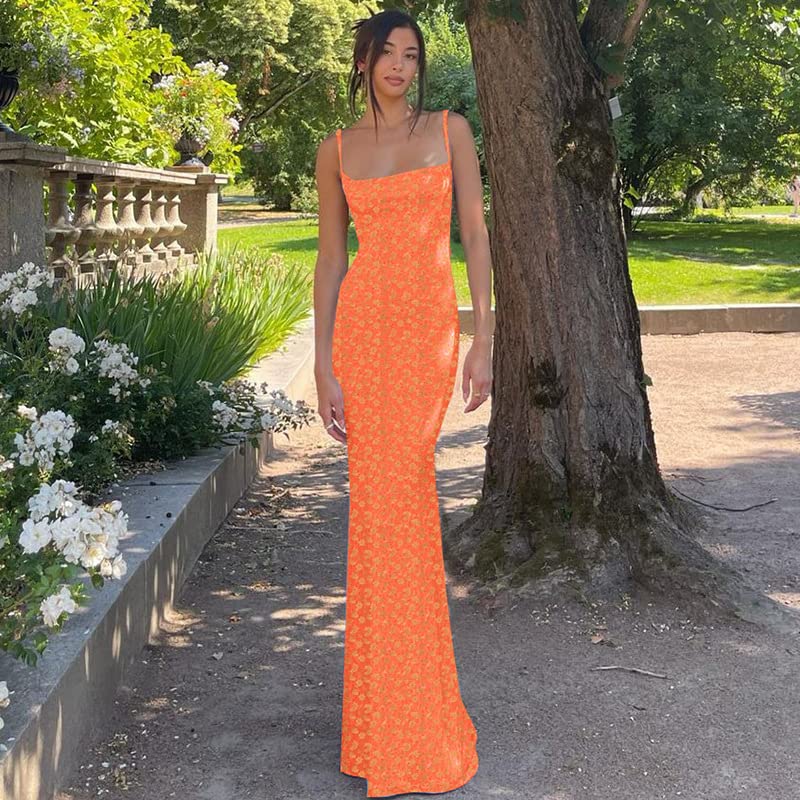 KMBANGI Women's Sexy Backless Maxi Dress - Floral Print Sleeveless Cocktail Dress with Spaghetti Straps, Bodycon Long Party Dress for Evening Events, Weddings & Night Out
