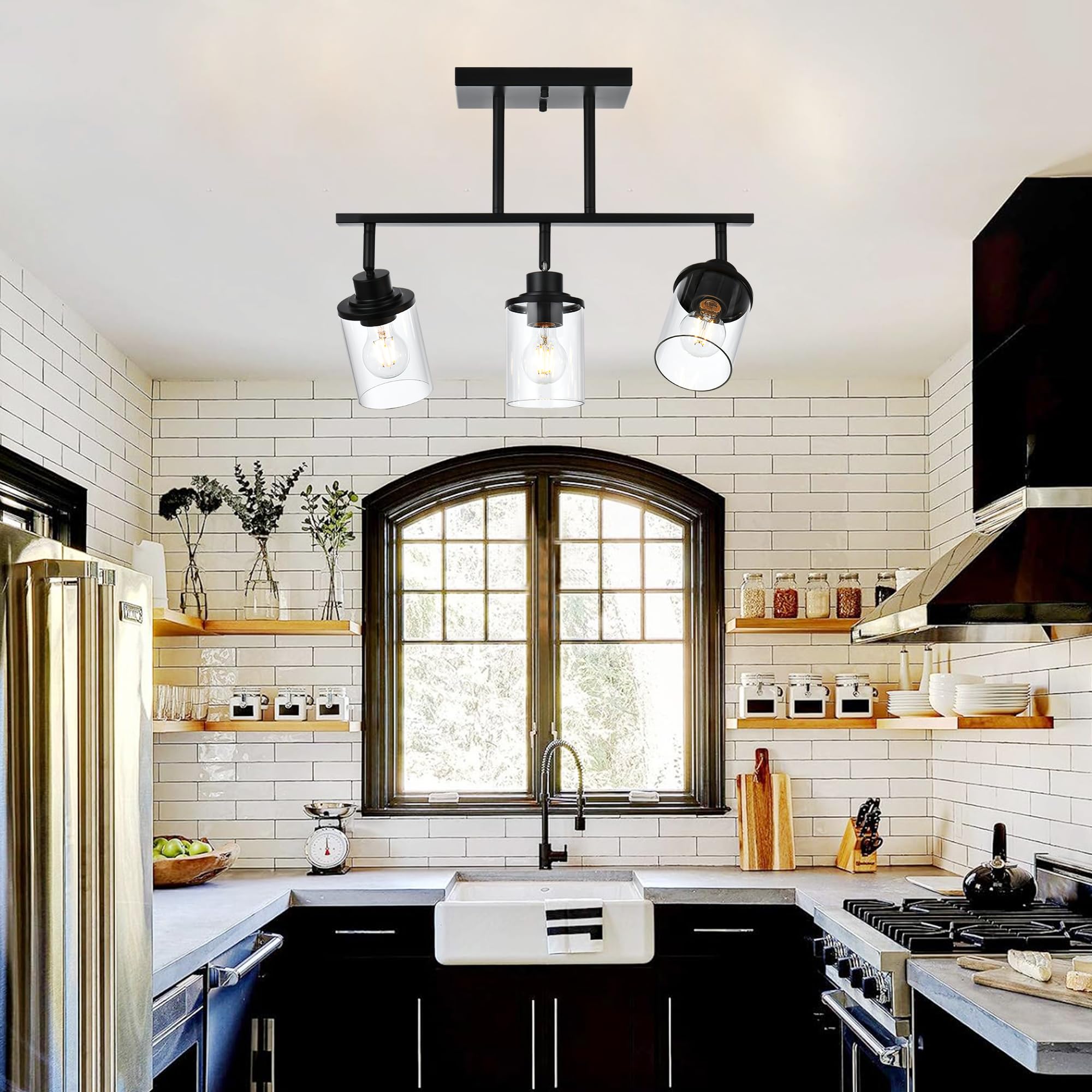 3-Light Adjustable Track Lighting Fixture - Black Modern Ceiling Light with Clear Glass Shade for Kitchen, Office, Living Room & Bathroom Vanity | Dimmable LED Track Lighting System for Home & Commercial Spaces