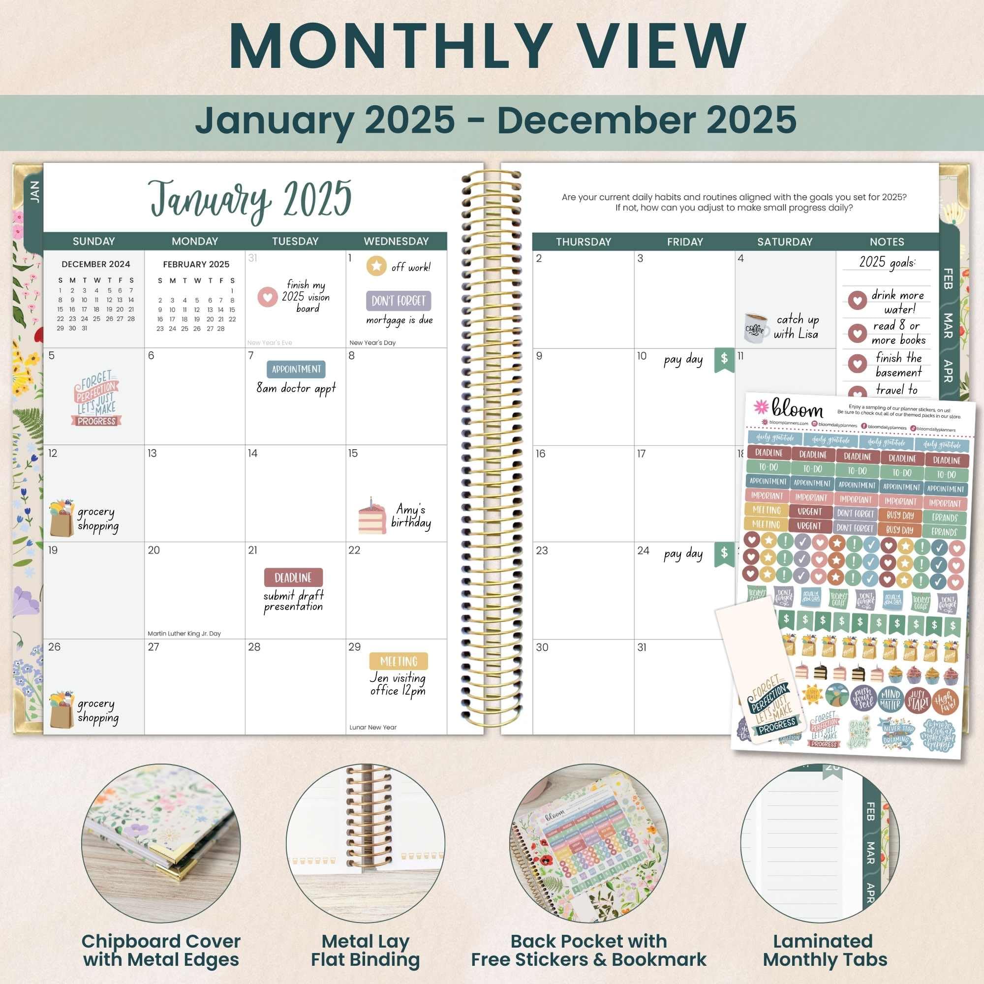 Bloom 2025 Daily Planner - Hardcover Goal & Vision Planner (Jan-Dec 2025) with Monthly/Weekly Views - 7.5