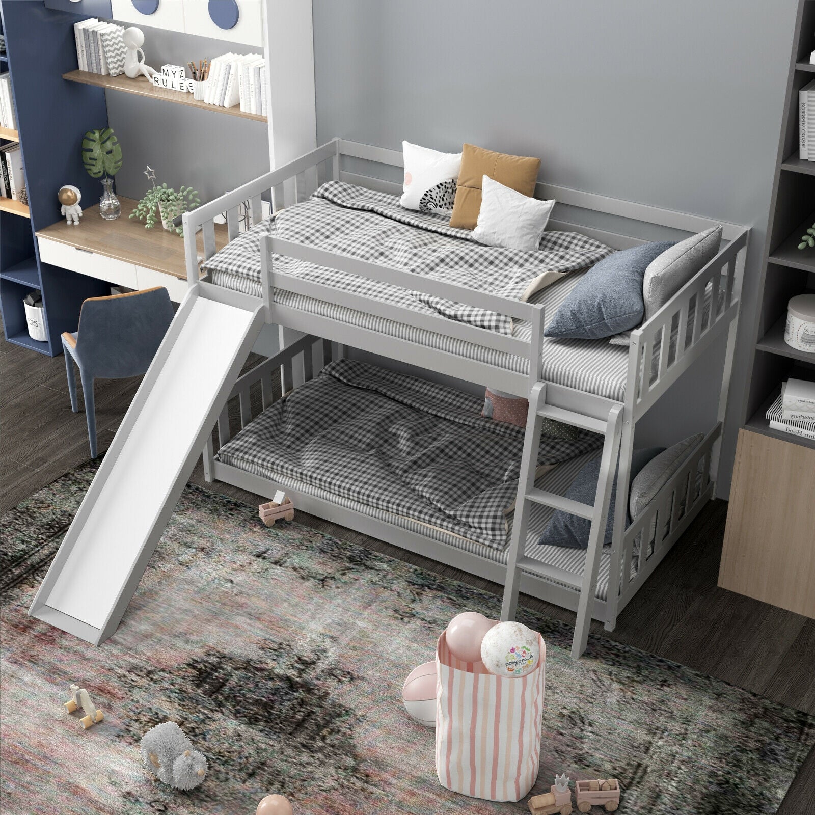 Twin Over Twin Bunk Bed with Slide Ladder - Solid Wood Low Loft Bed for Kids in Gray | Perfect for Small Bedrooms, Kids' Rooms & Sleepovers