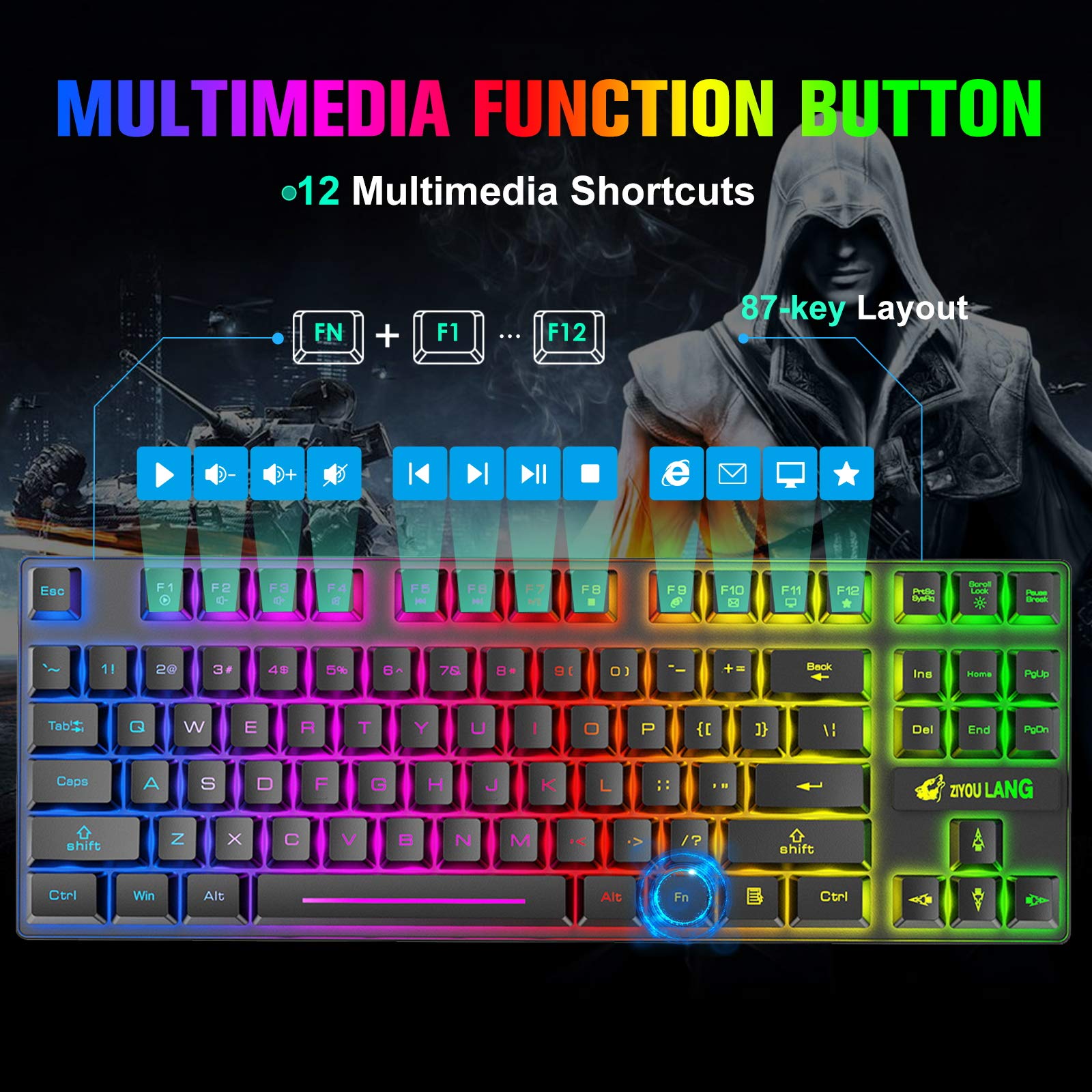 Wireless Gaming Keyboard and Mouse Combo - 87 Key Mechanical Feel RGB Backlit, Rechargeable 3800mAh Battery, Anti-Ghosting, Ergonomic & Waterproof Design for PC Gamers (Black) | Perfect for Esports, Streaming & Office Work