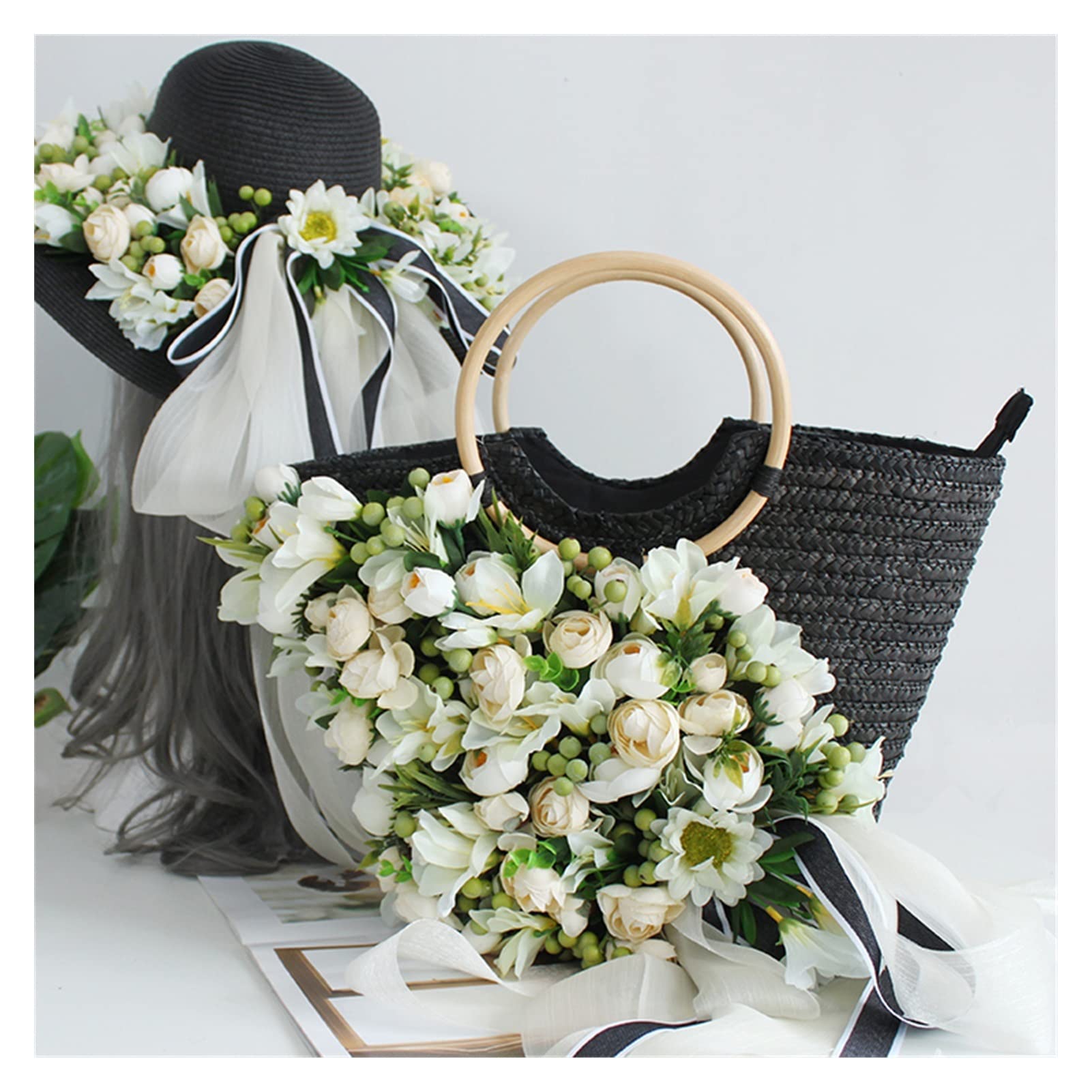 Women's Fashion Summer Beach Bag Set - Black Woven Rattan Straw Handbag with Scarf & Hat - Holiday Tote for Vacation, Pool Party & Outdoor Activities (Color: A, Size: Set)
