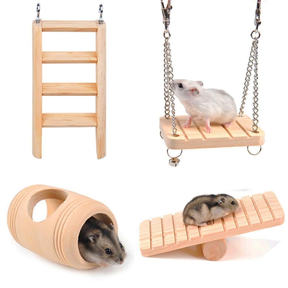 Feltsky 4-in-1 Natural Wooden Hamster Toys Set with Ladder, Swing, Barrel & Seesaw - Chew Toys for Gerbils, Rats, Guinea Pigs & Chinchillas - Perfect for Small Pet Exercise & Cage Enrichment