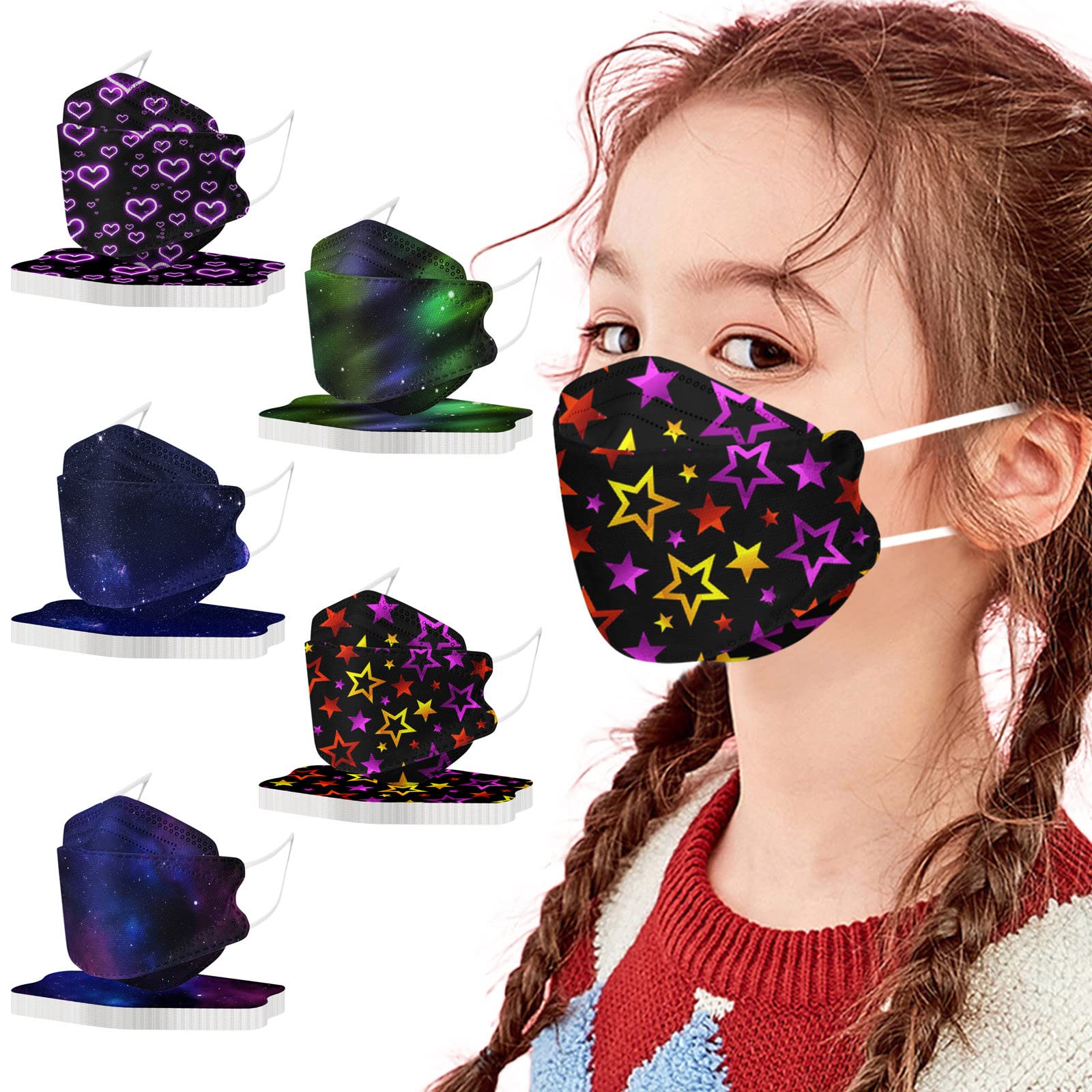 10-Pack KF94 Kids Printed Face Masks - 50 Count Fish Design Disposable 4-Layer Breathable Protective Masks with Adjustable Nose Wire - School Supplies, Daily Protection & Outdoor Activities (Style 39)
