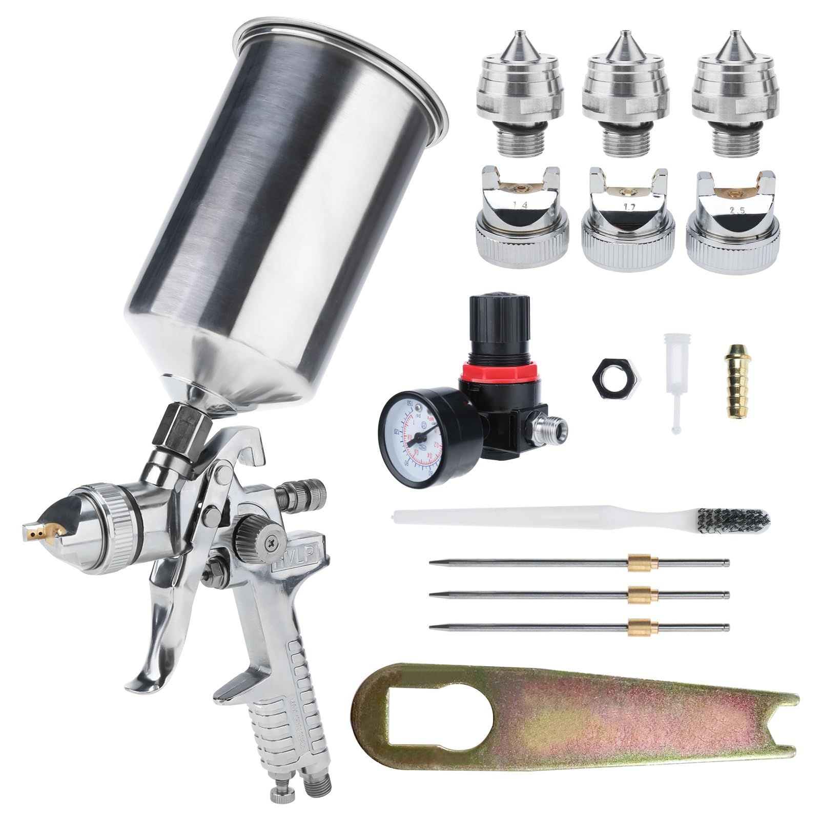 YaeTek HVLP Air Spray Gun Kit with 3 Nozzles (1.4mm, 1.7mm, 2.5mm) & 1000cc Aluminum Cup - Professional Paint Sprayer with Air Regulator Pressure Gauge for Auto Painting, Primer, Furniture, Cabinets & DIY Projects (Silver)