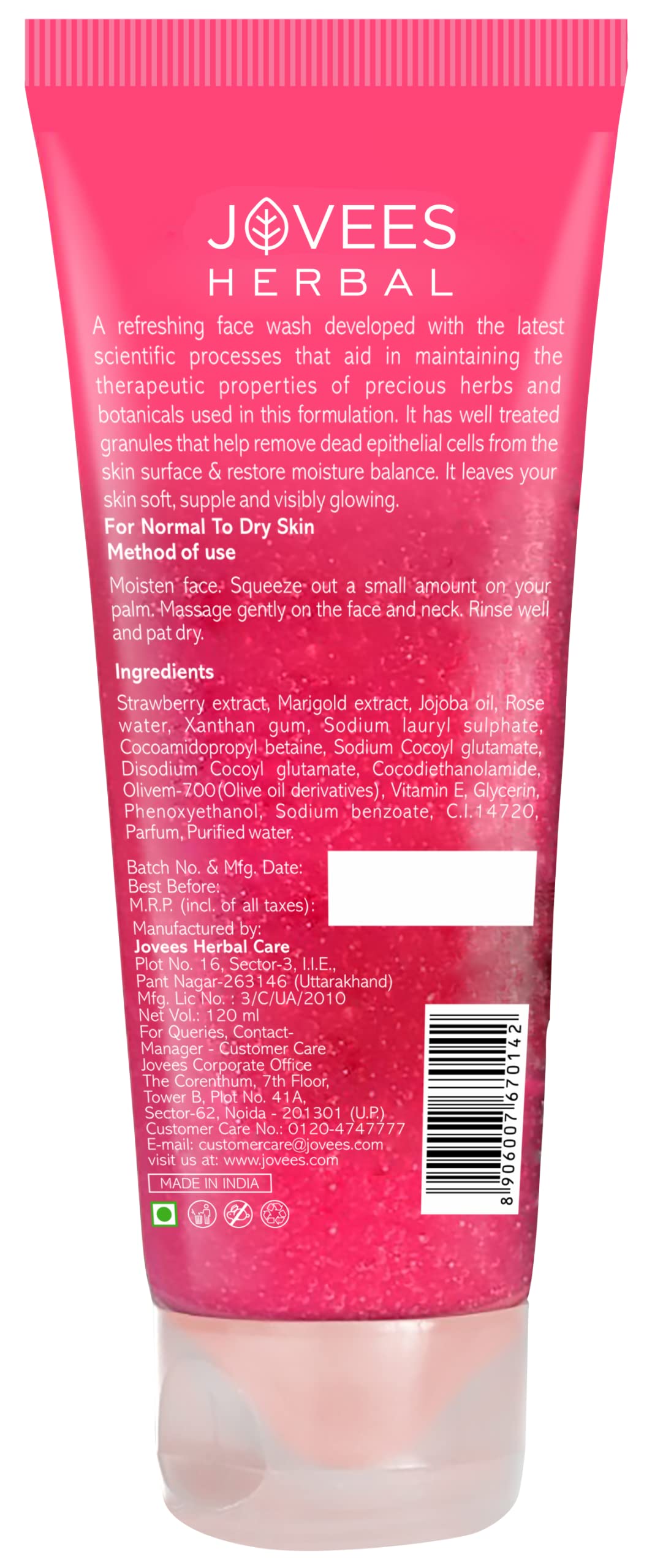 Jovees Herbal Strawberry Face Wash for Hydrated & Glowing Skin with Strawberry Extract | Gentle Cleanser Brightens Skin & Reduces Pigmentation | For Normal to Dry Skin - 120ml | Perfect for Daily Skincare Routine & Morning/Evening Face Cleansing
