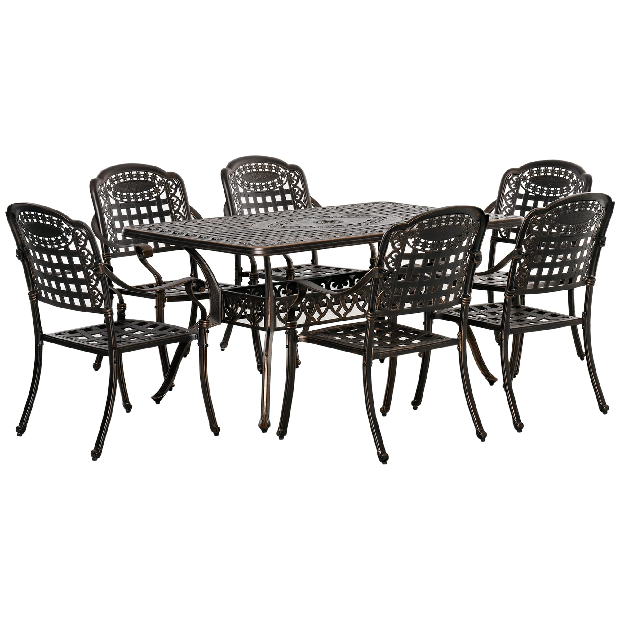 Outsunny 7-Piece Patio Dining Set - Durable Cast Aluminum Outdoor Furniture with 6 Armchairs & 1 Table, Bronze Finish with Umbrella Hole - Perfect for Backyard, Garden, Poolside & Outdoor Entertaining