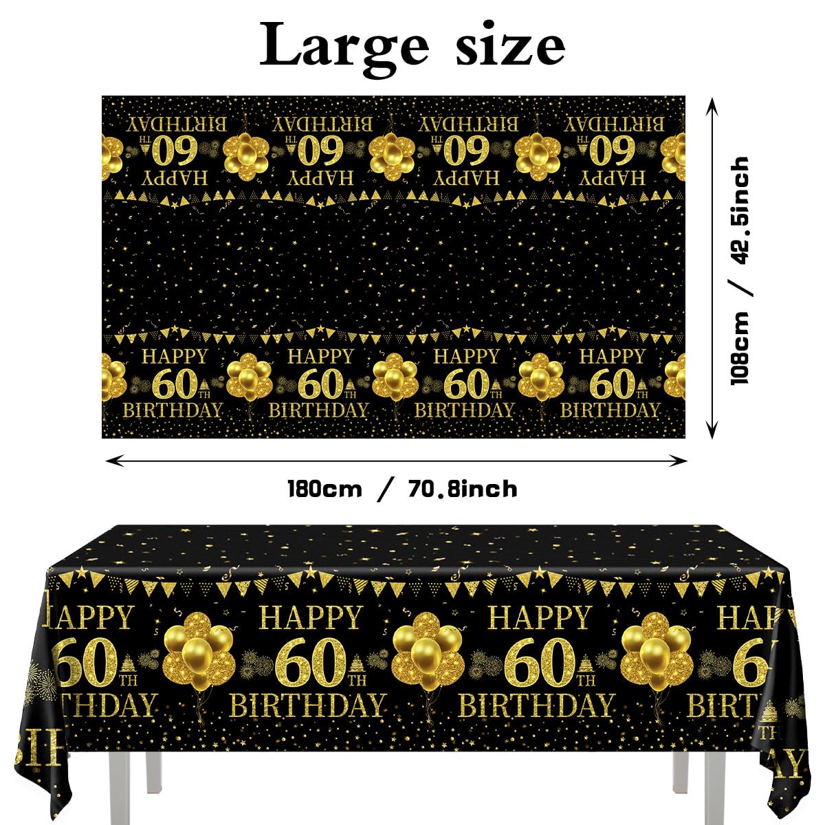 3Pcs Black and Gold 60th Birthday Tablecloth Set - Elegant Rectangle Table Decor for 60 Year Old Birthday Party, Anniversary Celebration & Retirement Party Decorations - Perfect for Dining Table, Buffet Table, and Dessert Table Setup