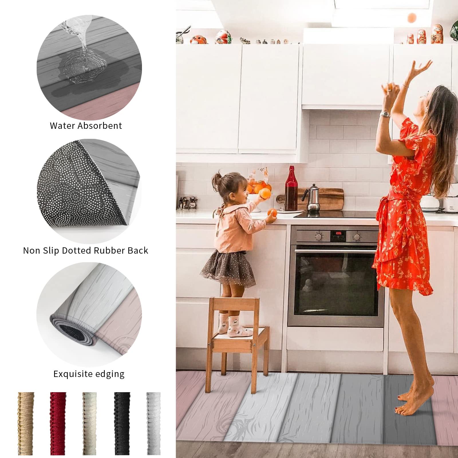 Rustic Farm Wood Grain Non-Slip Kitchen Mat Set of 2 - Pink Grey White Ombre Absorbent Washable Floor Rugs for Kitchen, Bathroom & Entryway | Perfect for Farmhouse Decor, Spill Protection & High-Traffic Areas