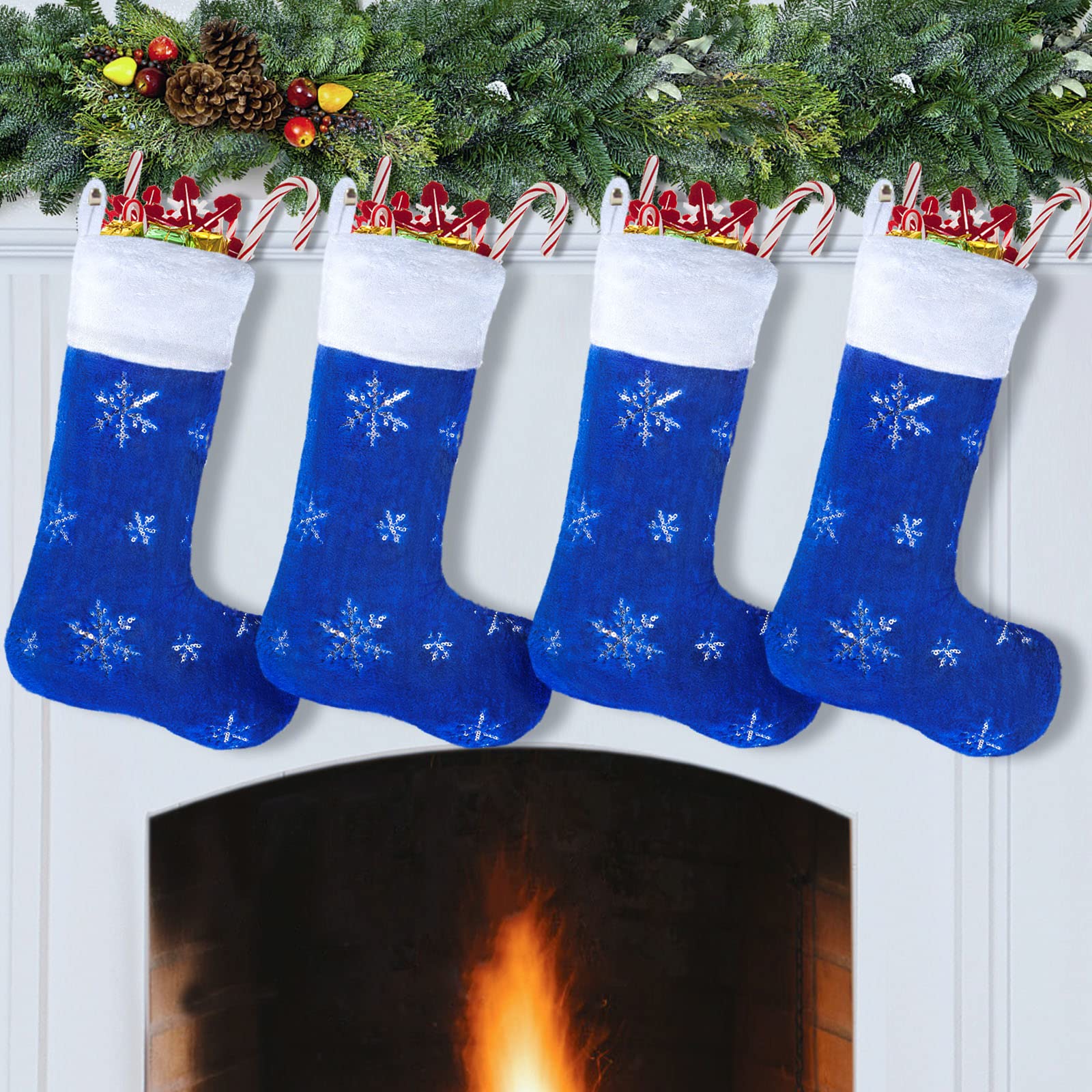 22 Inch Blue Faux Fur Christmas Stockings Set of 4 - Large Plush Holiday Stockings with Silver Sequin Snowflake Design for Fireplace, Xmas Tree, Mantel & Home Decor (56cm) - Perfect for Family Gift Exchange & Festive Holiday Decorations