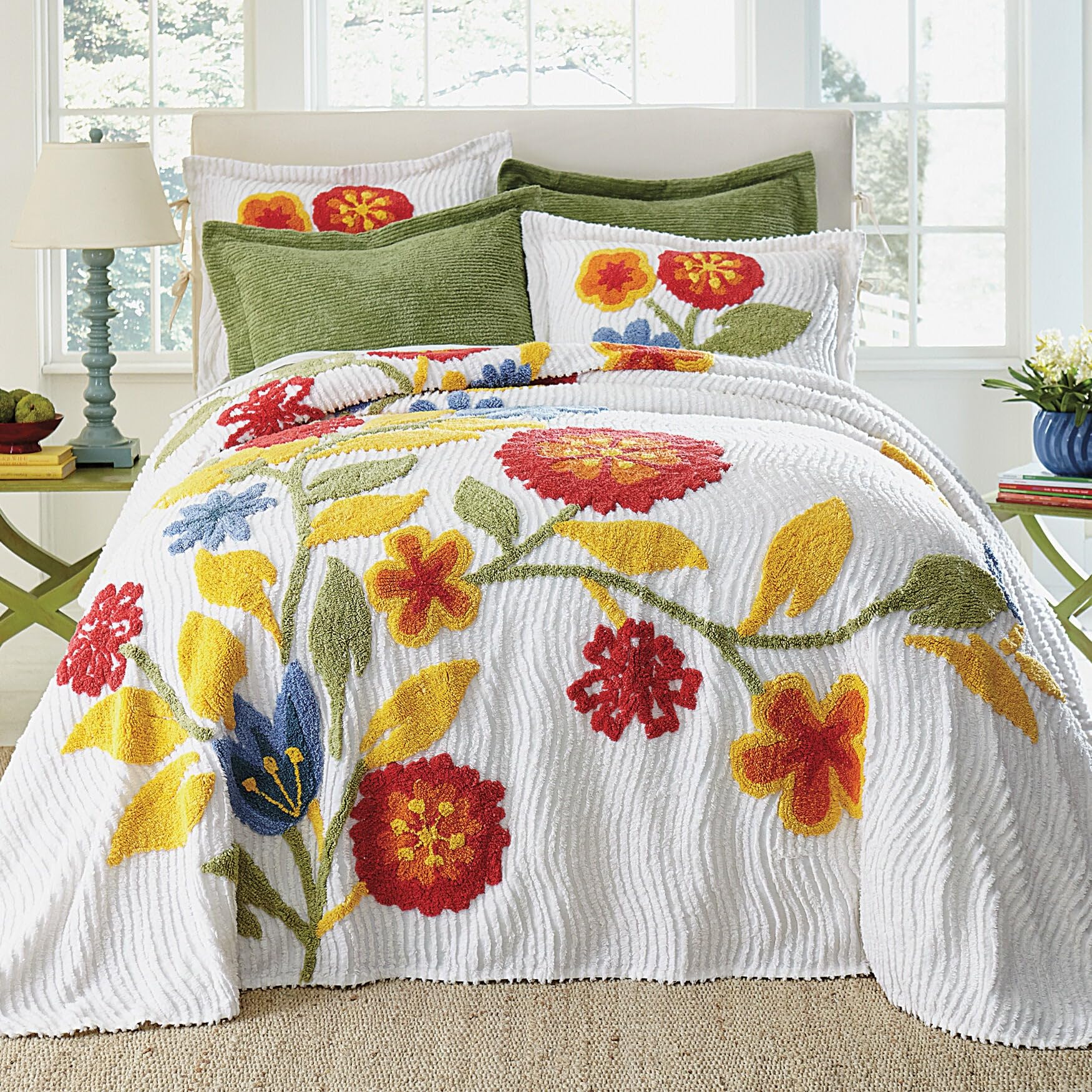 BrylaneHome Oversized Cotton Bloom Chenille Bedspread - Floral Queen Size Bedding with Colorful Flowers in Red Multi | Perfect for Master Bedroom, Guest Room & Cozy Home Decor