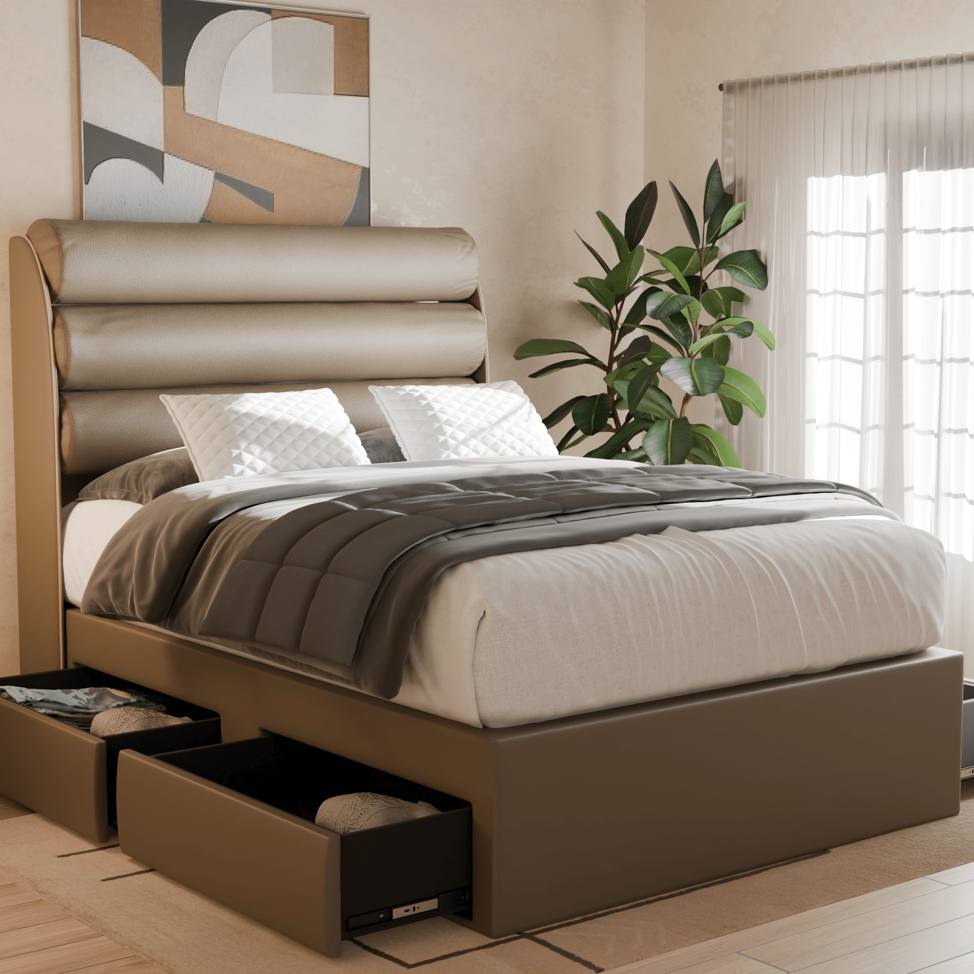 Gobbee Faux Leather Drawer Storage Bed Frame with Underbed Storage - Perfect for Small Bedrooms, Studio Apartments & Guest Rooms