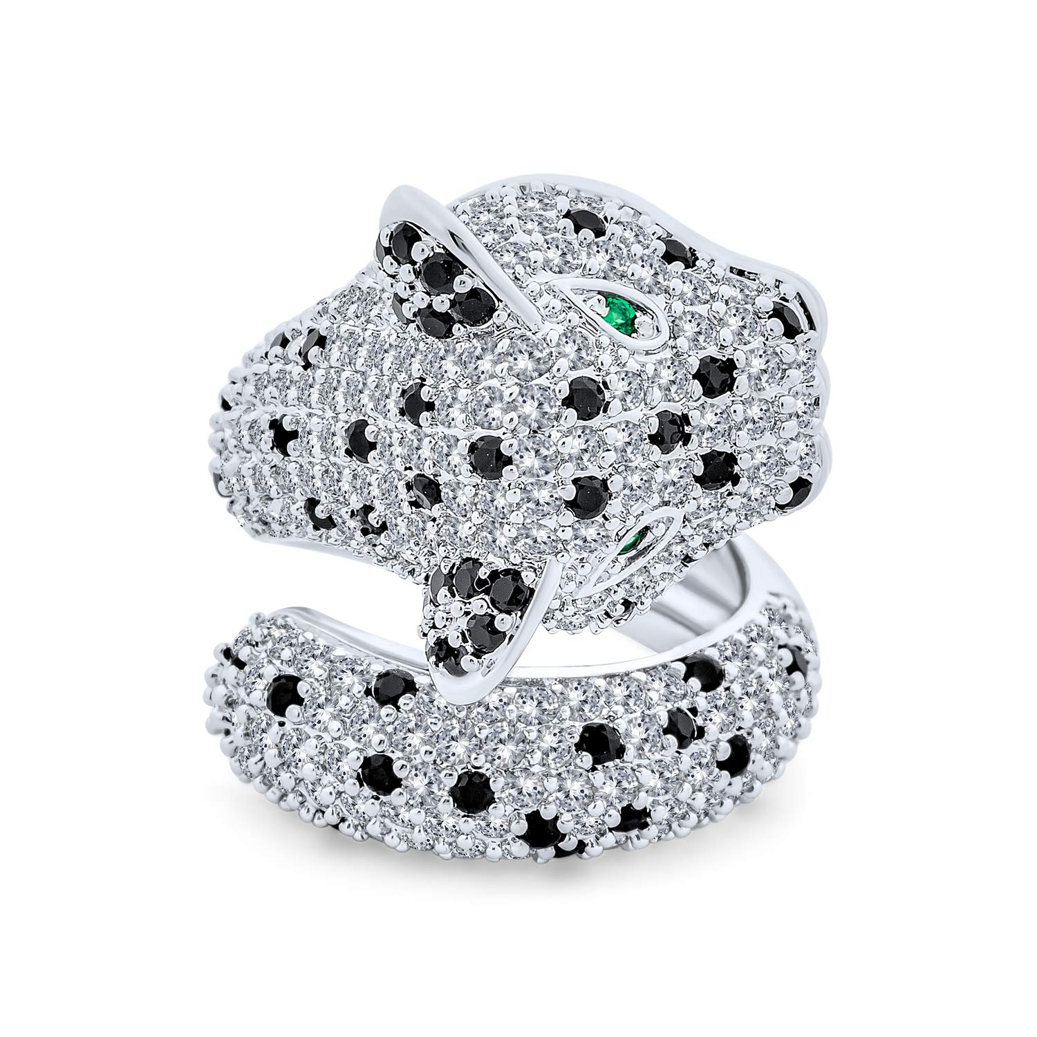 Green Eye Leopard CZ Statement Ring for Women - Silver Plated Brass Jewelry for Party & Evening Wear
