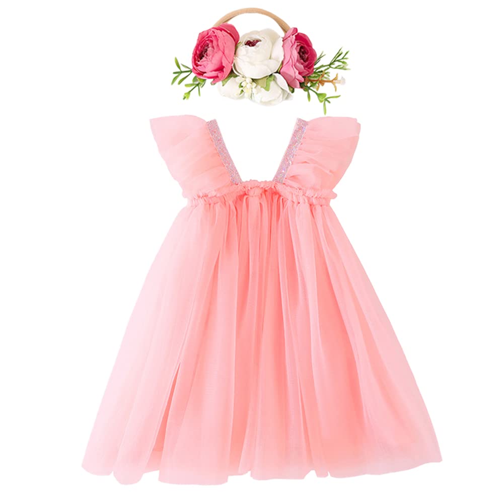 Toddler Girls Tutu Dress - Floral Layered Tulle Princess Sundress with Headband | Sleeveless Baby Girl Skirt for Birthday, Photo Shoot & Special Occasions
