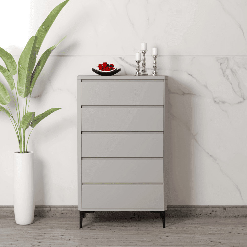 Lavo Polished Sintered Stone Chest of Drawers - Modern 5-Drawer Dresser for Bedroom, Living Room & Office Storage Organization