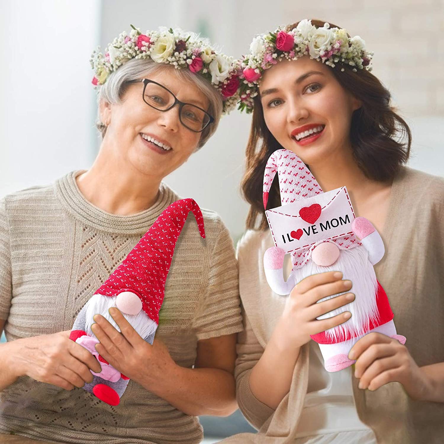 2 Pcs Handmade Mother's Day Gnome Decorations - I Love Mom Gift, Swedish Tomte Stuffed Plush Standing Dwarf Doll for Home, Kitchen, Tiered Tray, Table | Perfect for Mother's Day Gifts, Birthday Presents, and Christmas Decorations