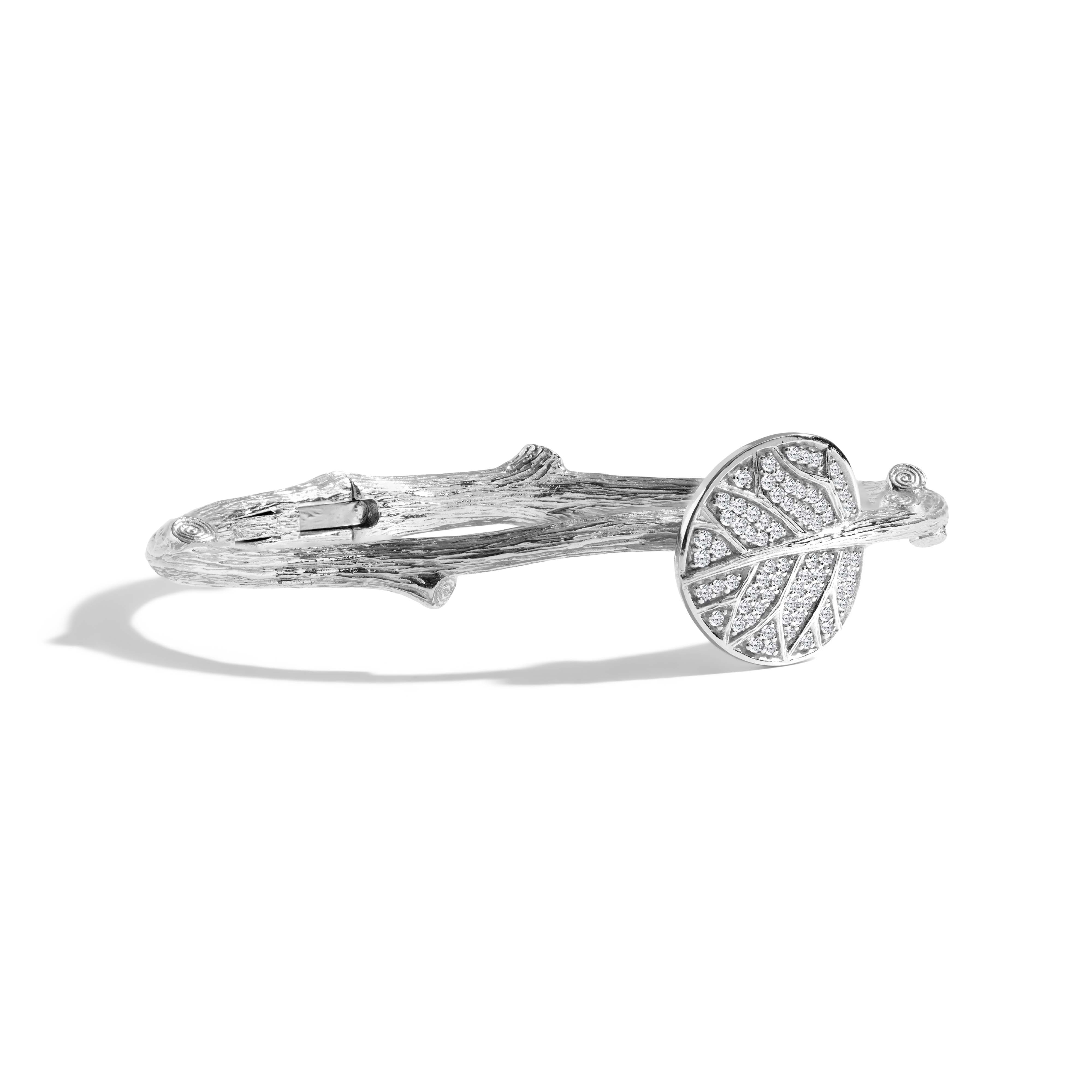 Elegant Botanical Leaf Bangle Bracelet with Genuine Diamonds - Sterling Silver Jewelry for Women - Perfect for Weddings, Parties & Special Occasions
