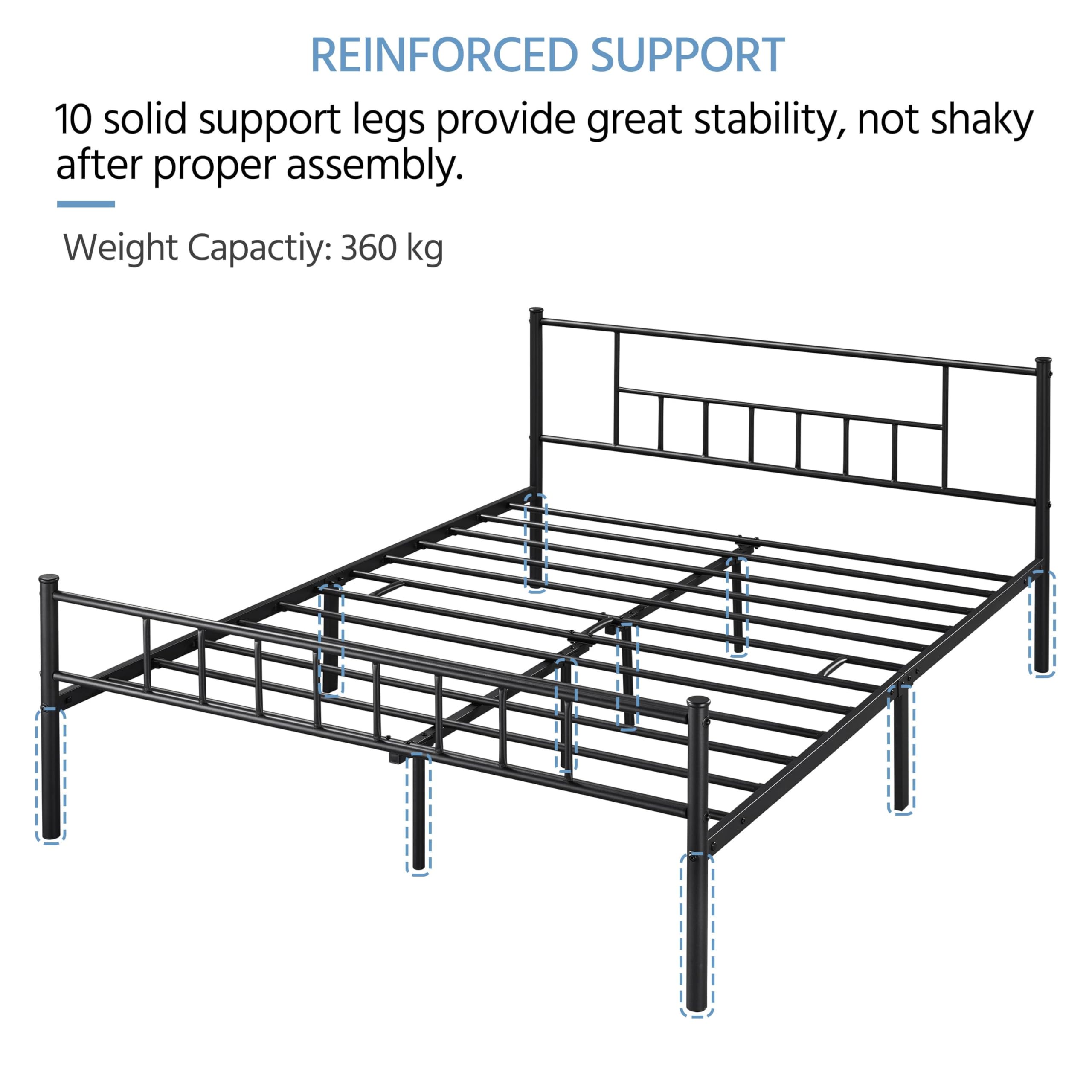 Yaheetech Black Wrought Iron Double Bed Frame with Vertical Tube Headboard & Metal Slats - 160x200cm (63x79 inches) Queen Size Bed for Bedroom, Guest Room, Dorm - Sturdy Metal Platform Bed with Noise-Free Support