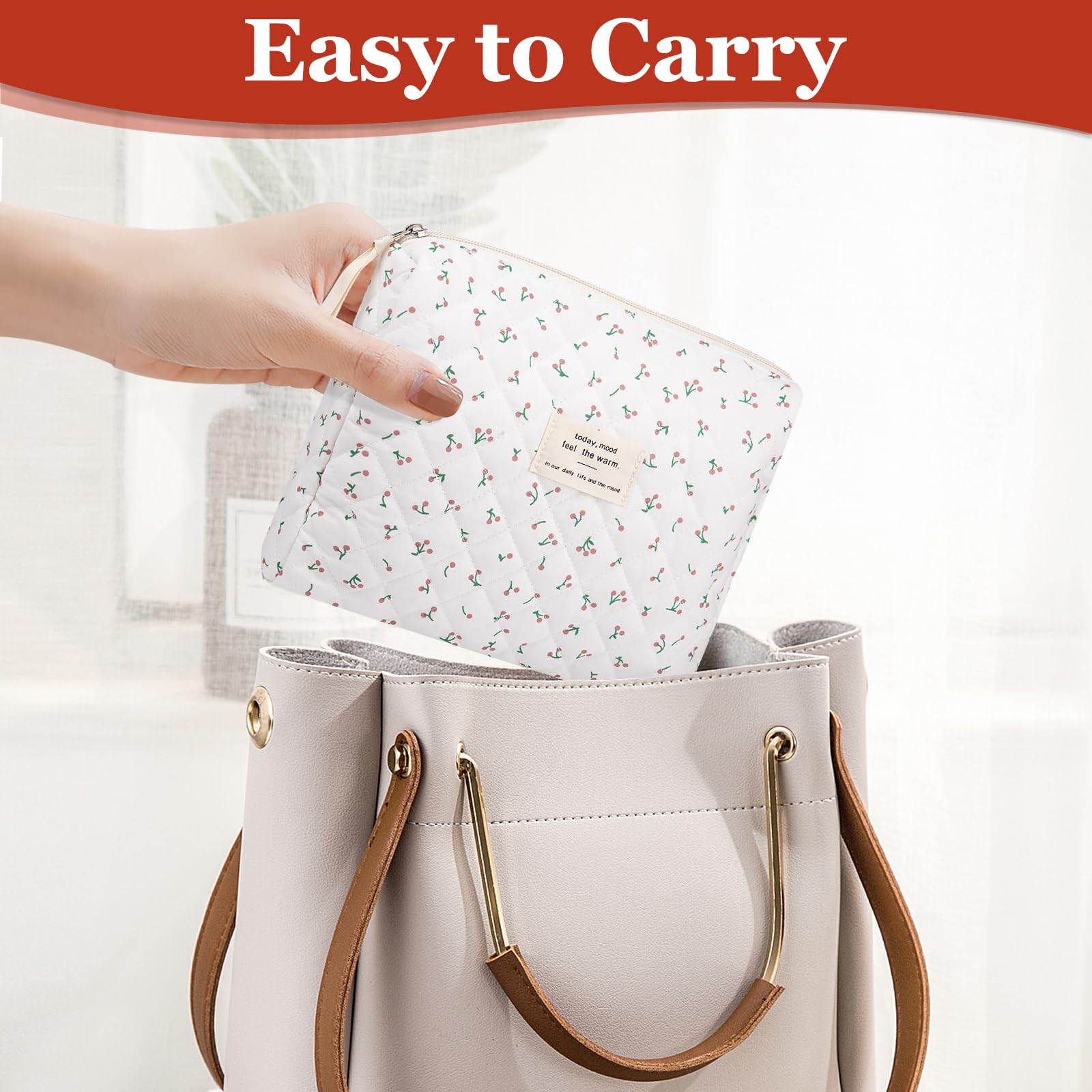 Floral Makeup Bag for Women - Small Cute Cotton Cosmetic Pouch with Quilted Design, Flower Travel Toiletry Organizer (White Cherry) - Perfect for Travel, Gym & Daily Essentials Storage
