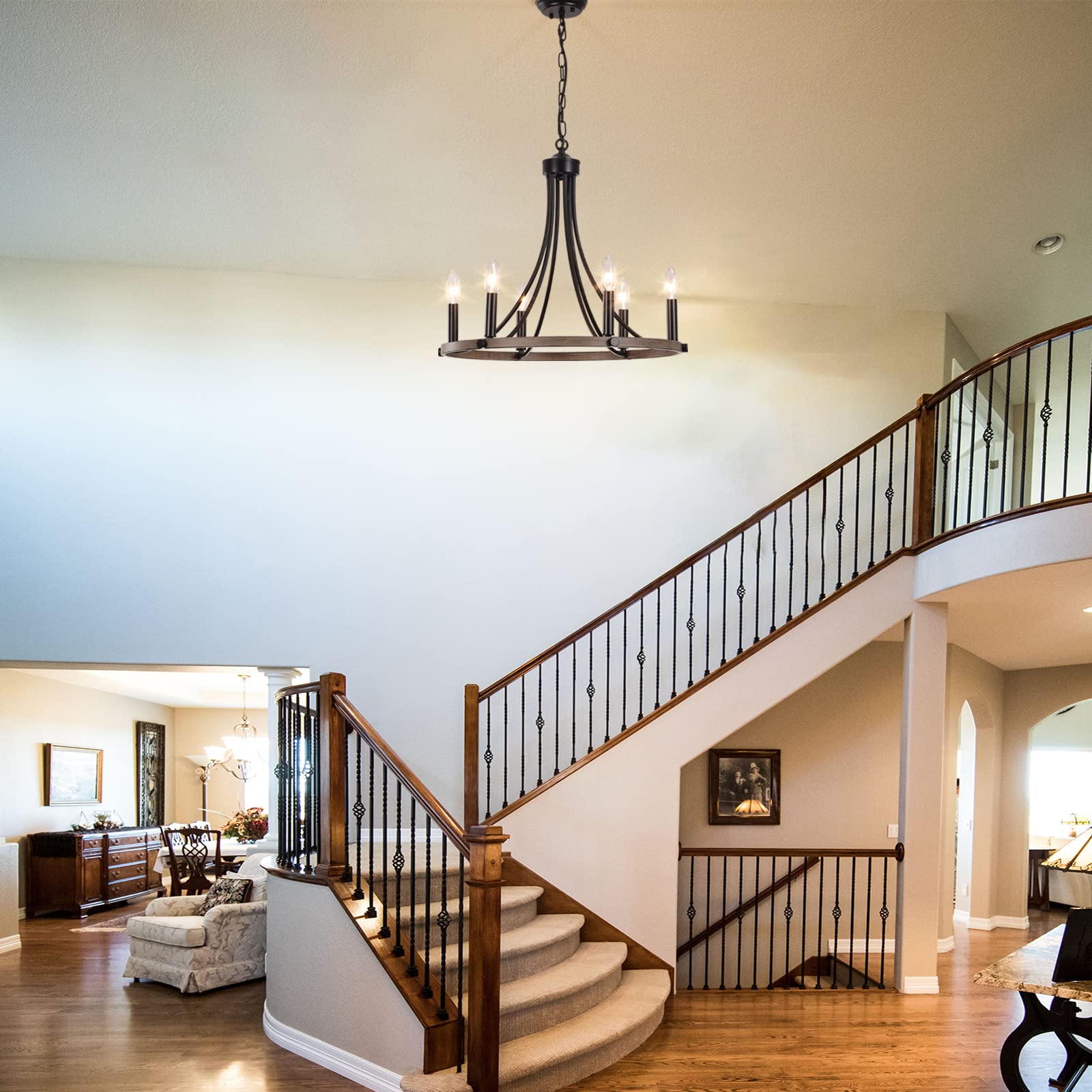 Black Farmhouse Wagon Wheel Chandelier - 6-Light Rustic Round Pendant Light for Dining Room, Kitchen Island, Foyer & Hallway | Perfect for Country Home Decor & Western Style Interiors