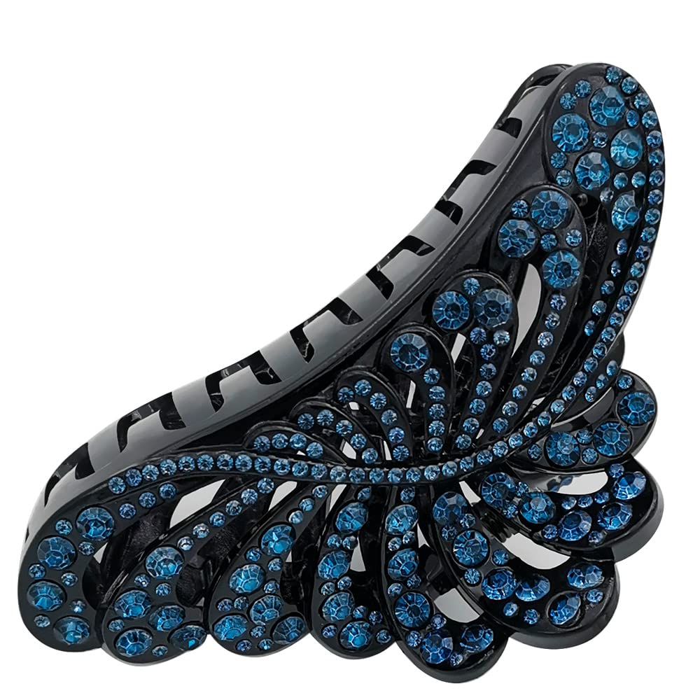 5 Inch Large Hair Claw Clips with Blue Rhinestones - Non-Slip Leaf Design Plastic Jumbo Jaw Clips for Women, Strong Hold for Thick & Long Hair - Perfect for Updos, Ponytails & Everyday Styling