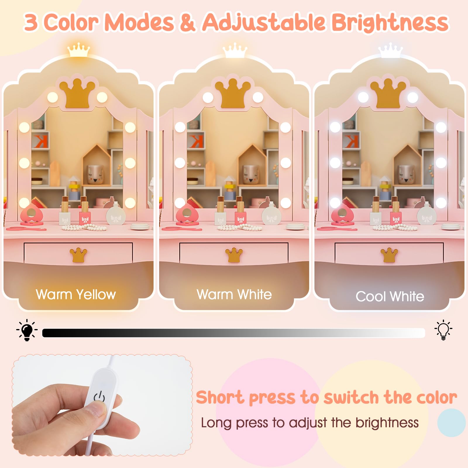 Costzon Kids Vanity Set with LED Lights & Stool - Pink Princess Makeup Dressing Table with Mirror, Drawers & Chair for Girls - Toddler Pretend Play, Birthday Gift & Bedroom Decor (Pink)