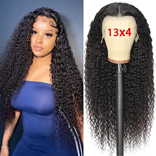 13x4 HD Transparent Lace Front Human Hair Wig - Glueless Deep Wave Frontal Wig with Pre-Plucked Hairline & Baby Hair - 150% Density Brazilian Virgin Hair - Natural Black Curly Wave Wig (28 Inch) - Perfect for Daily Wear, Parties & Special Occasions