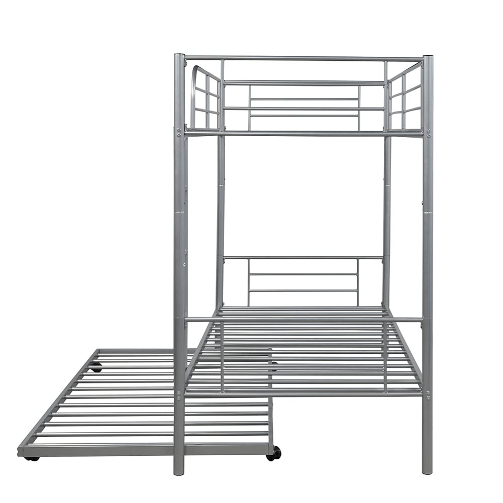 Metal Twin Over Twin Bunk Bed with Trundle - Convertible to 2 Separate Beds, No Box Spring Required (Silver) | Space-Saving Kids Bedroom Furniture for Small Rooms, Guest Rooms & Vacation Homes