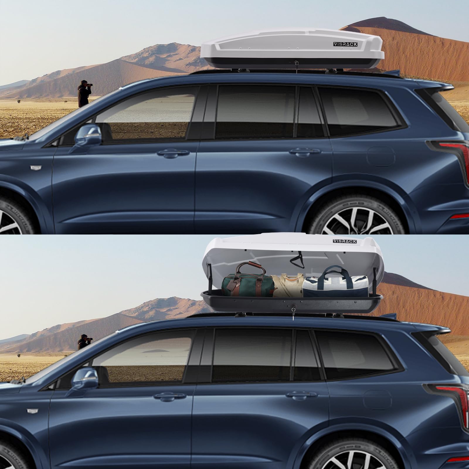 Premium Waterproof Hardshell Roof Luggage Box - 15.5 Cubic Feet ABS/PMMA Storage with Security Lock & Dual-Sided Openings - Perfect for SUVs, Camping Trips & Outdoor Adventures (White)
