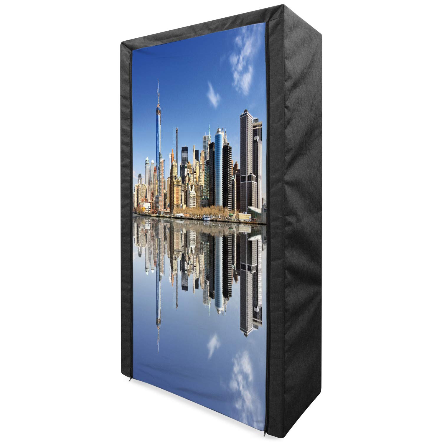 Ambesonne New York City Portable Fabric Wardrobe - Manhattan Skyline Silhouette with Skyscrapers, 33.5 Inch Multicolor Clothing Organizer & Storage Closet with Shelves - Perfect for Small Spaces, Dorm Rooms, and Apartment Living