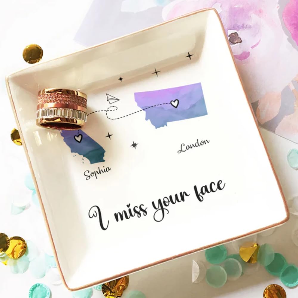 Custom 'I Miss Your Face' Personalized Jewelry Dish with Multiple States Design - Engraved Ring Tray for Women, Bridal Shower Gift, Birthday Present for Friend, Mom, Sister - Perfect for Home Decor, Jewelry Organization & Sentimental Keepsakes