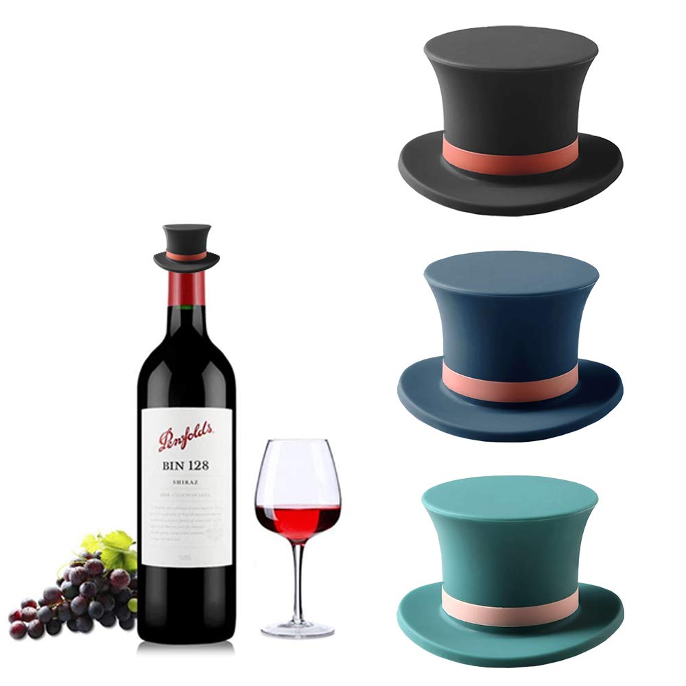Joso 3-Pack Silicone Wine Stoppers - Reusable Rubber Bottle Caps for Wine, Beer, Champagne & Soda | Gentleman Hat Design | Perfect for Homebrew, Parties & Kitchen Storage (1.18 Inch)