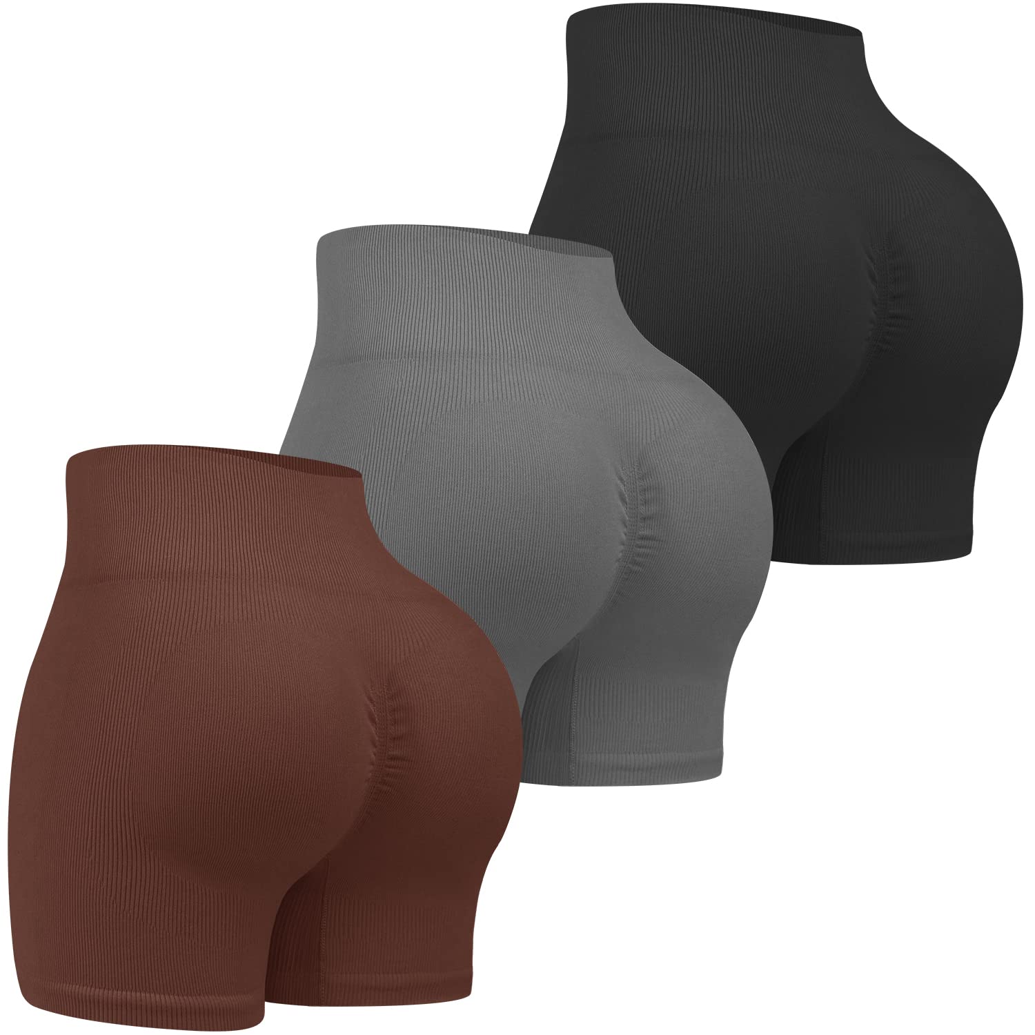 KIKIMINK Women's 3 Piece Ribbed Yoga Shorts - Seamless High Waist Butt Lifting Scrunch Workout Gym Shorts for Women | Perfect for Yoga, Gym, Running & Lounge Wear