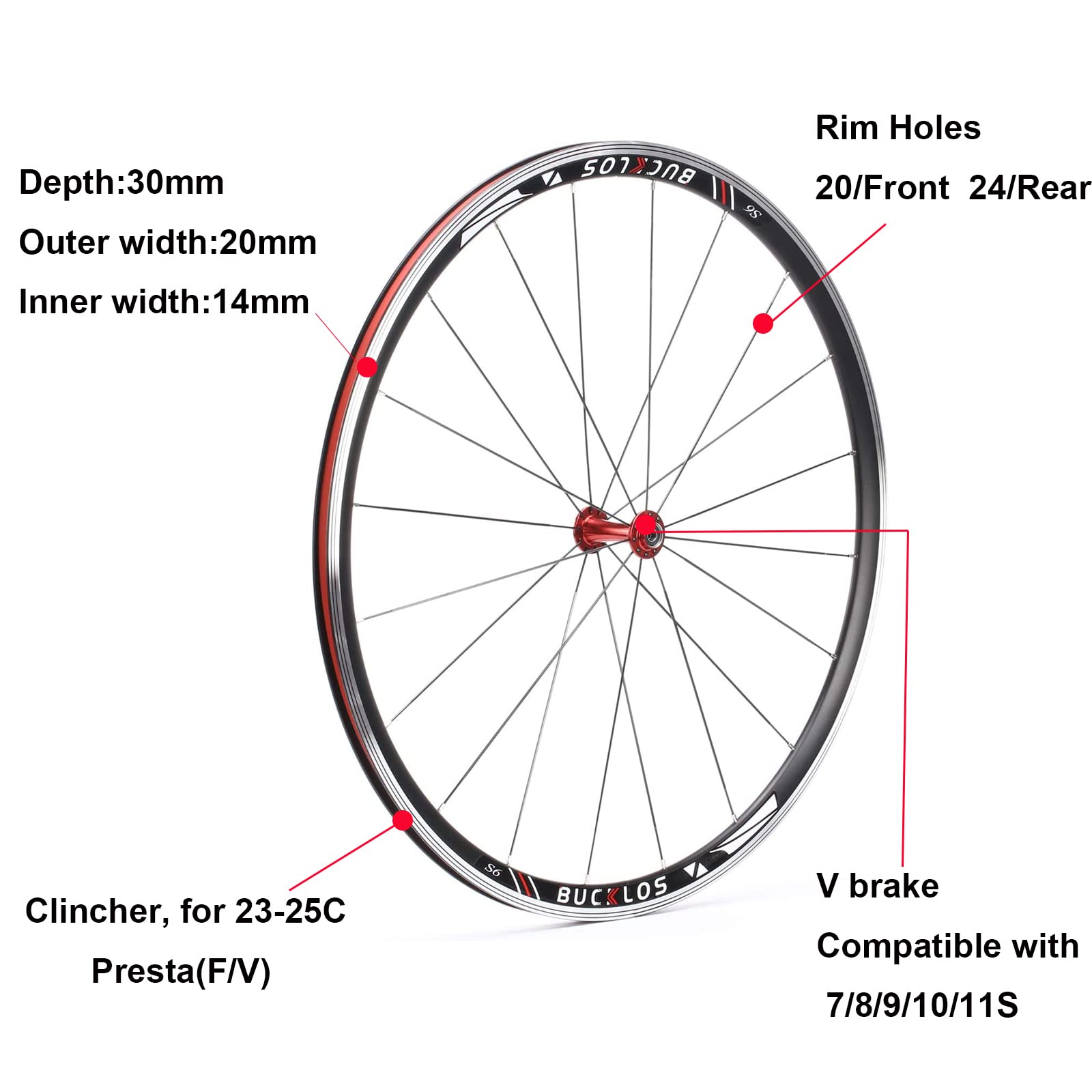BUCKLOS 700c Road Bike Wheelset - Aluminum Alloy QR Wheels with V-Brake Clincher, Double Wall Flat Spokes for 7-11 Speed Bicycles - 30mm Rims & Hub - Perfect for Commuting, Racing & Road Cycling
