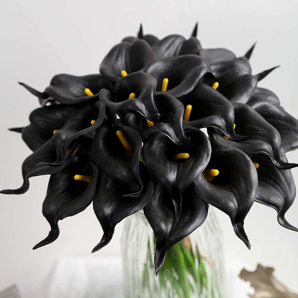 IPOPU 24pcs Black Artificial Calla Lily Flowers - Fake Silk Floral Bouquet for Wedding Centerpieces, DIY Home Decor, Table Arrangements & Party Decorations - Perfect for Weddings, Home Décor, and Special Events