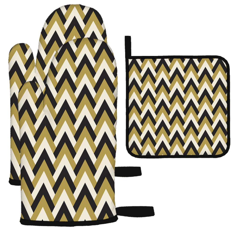 Vintage Art Deco Style Chevron Oven Mitts and Pot Holders Set - Heat Resistant Kitchen Accessories for BBQ, Baking & Grilling (3-Piece, Gold & Black) - Perfect for Safe Cooking, Baking, and Outdoor Grilling