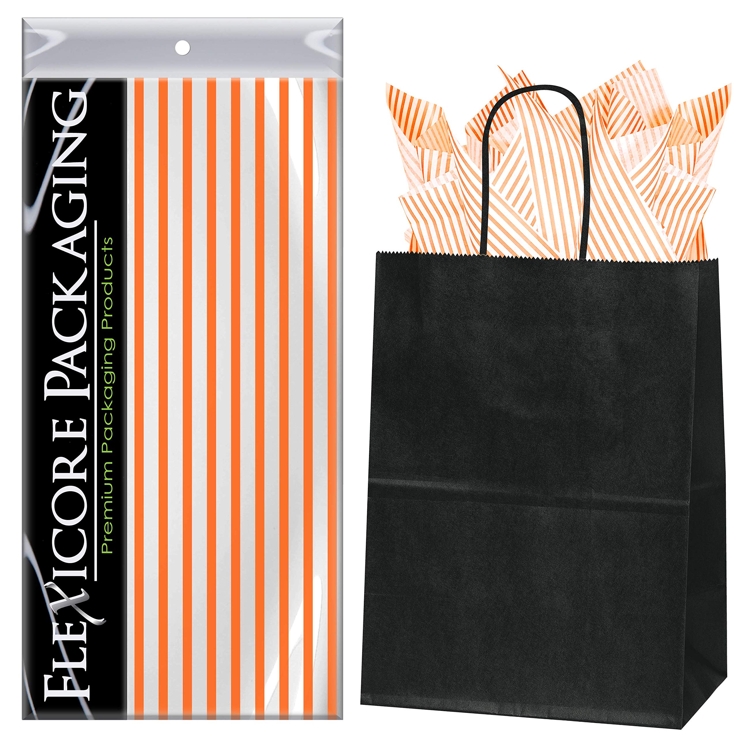 Premium Black Kraft Paper Gift Bags with Orange Pin Stripe & Tissue Wrap - 8