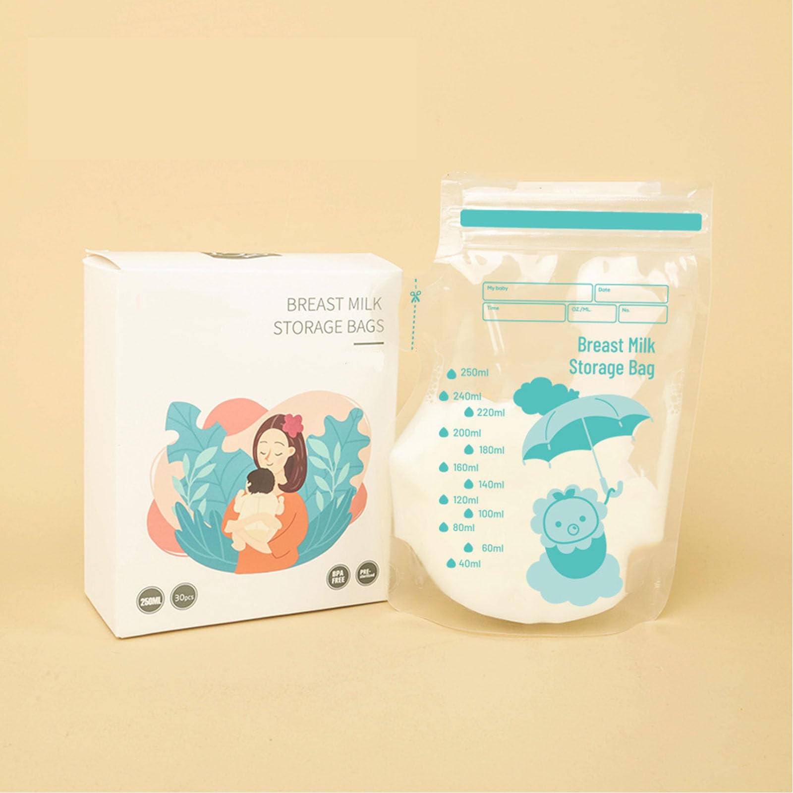 30 Breast Milk Storage Bags - 250ml Pre-Sterilized Freezer Bags with Double Leak-Proof Seal | Stand-Up Design for Easy Storage | Essential Breastfeeding Supplies for Nursing Moms | Perfect for Home, Travel, and Work Use