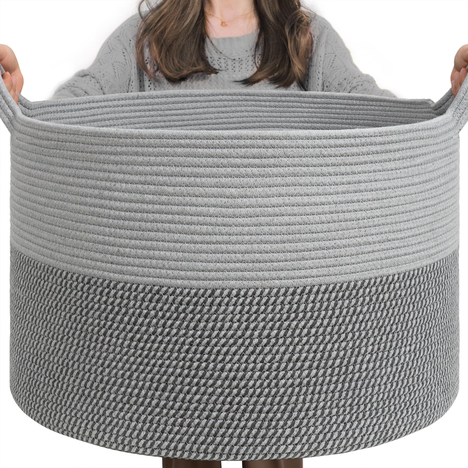 INDRESSME Extra Large Laundry Basket with Handles - 21.7 x 13.8 Inch Woven Storage Bin for Clothes, Toys & Blankets - Grey Cotton Rope Basket for Nursery, Living Room & Bedroom Organization - Perfect for Dirty Laundry, Pet Toys & Home Decor Storage