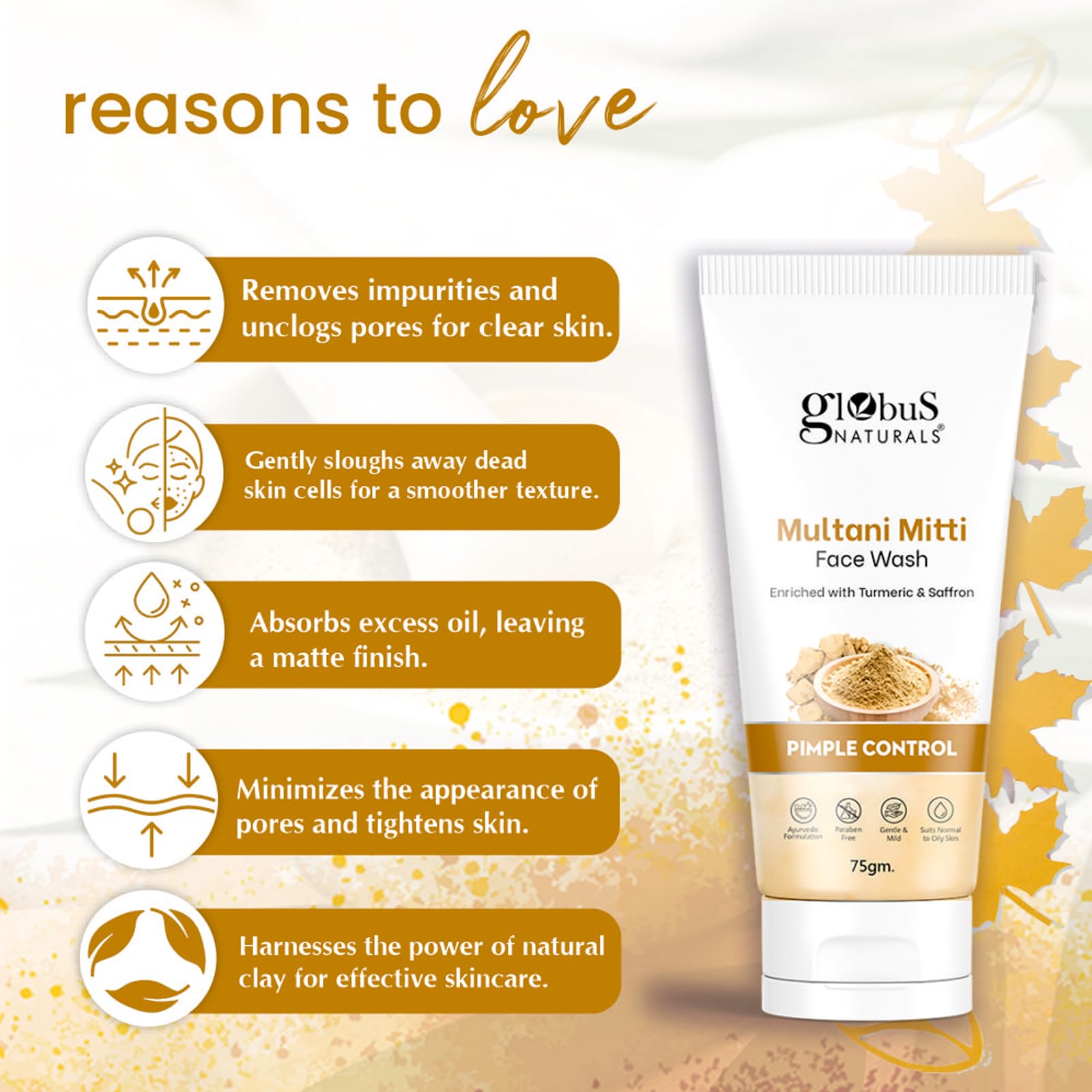 Globus Naturals Multani Mitti Face Wash with Turmeric & Saffron - Acne Treatment for Oily & Acne-Prone Skin - 75gm | Deep Cleansing & Pimple Control | Perfect for Daily Skincare Routine & Breakout Prevention