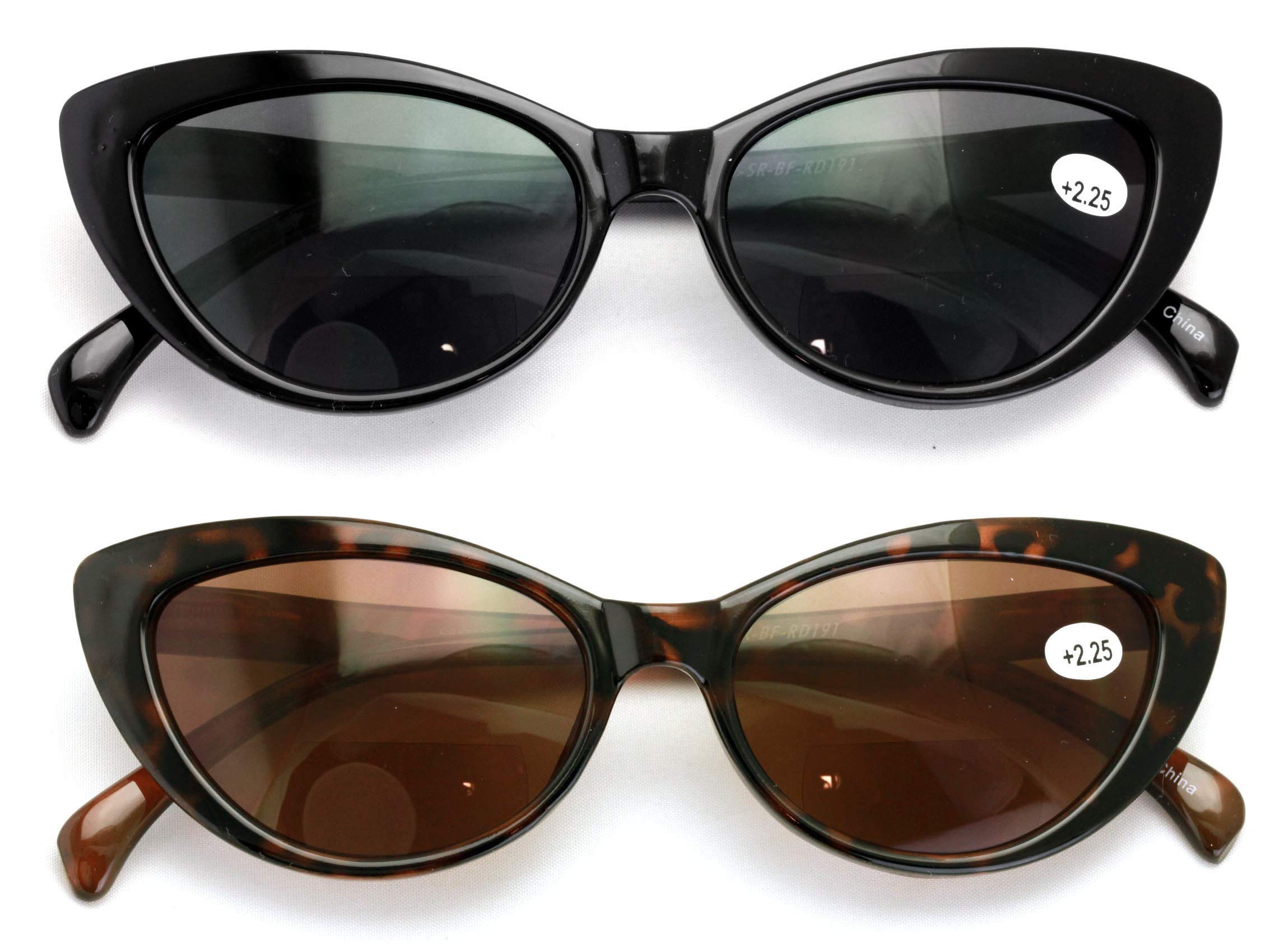 2 Pairs BIFOCAL Women's Cateye Black Tortoise Reading Sunglasses - Fashionable Prescription Eyewear for Outdoor Reading, Driving & Sun Protection