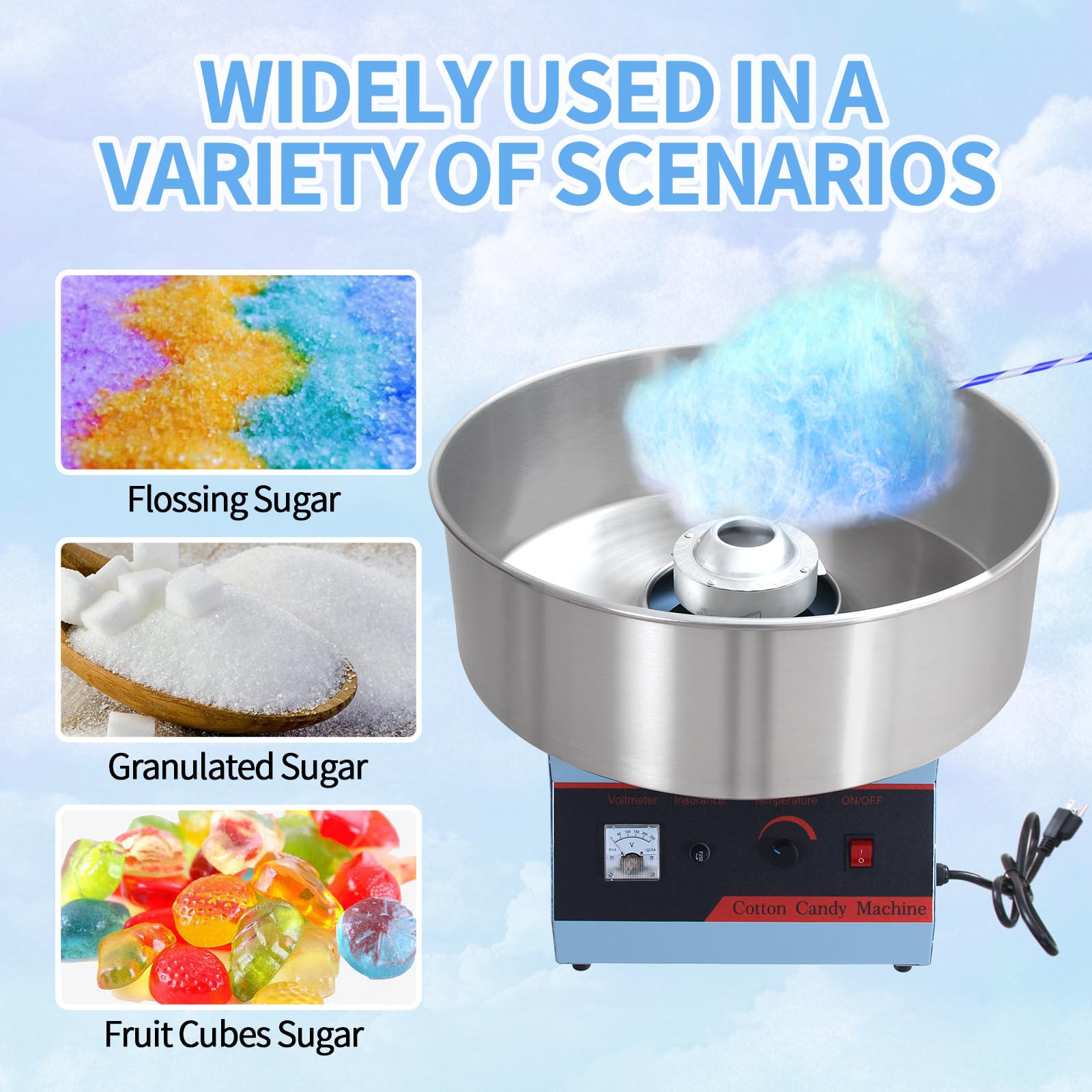 Commercial Cotton Candy Machine - Electric Floss Maker with Stainless Steel Bowl for Home, Parties & Events | Perfect for Halloween, Birthday Celebrations & Carnival Treats | Blue