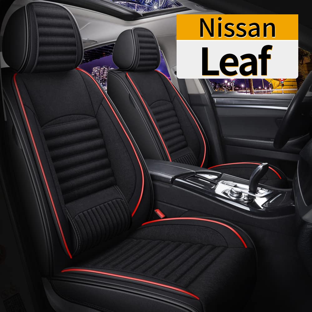 Premium Custom Fit Car Seat Cover for 2011-2022 Nissan Leaf - Waterproof Leather & Breathable Linen Seat Protector with Airbag Compatibility (Red & Black) - Perfect for Daily Commuting, Road Trips & Pet Protection