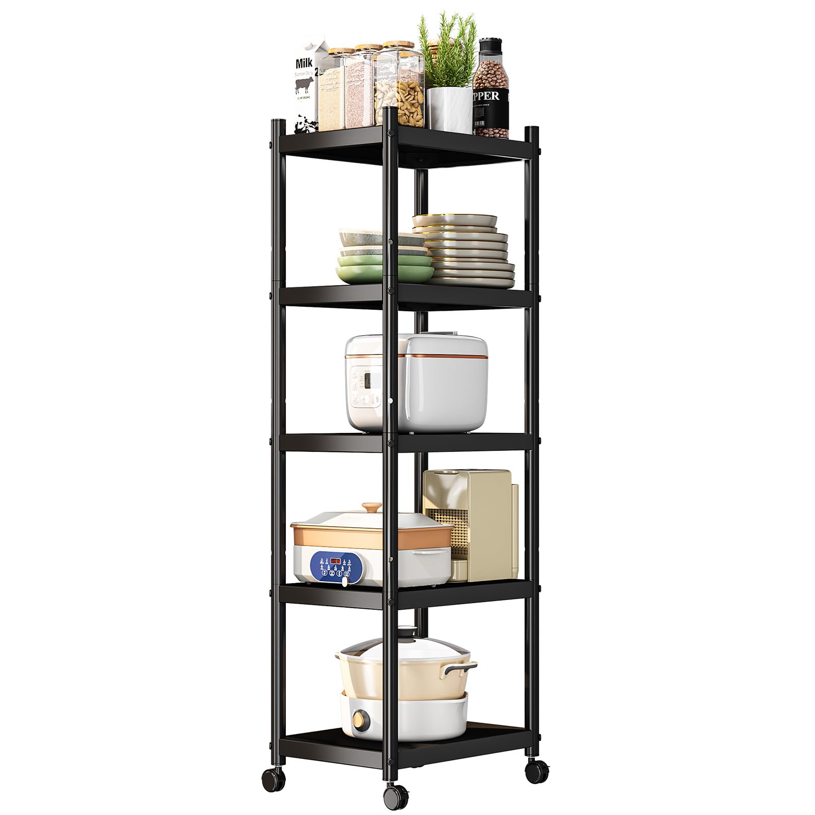 5-Shelf Heavy Duty Metal Storage Rack with Wheels - Adjustable Kitchen Organizer, Garage Shelving Unit, Black - Perfect for Pantry, Laundry Room & Workshop Organization