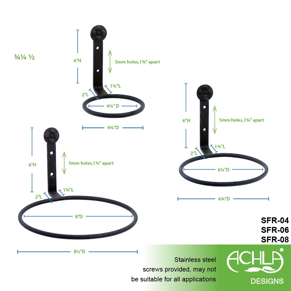 Achla Designs 4 Inch Flower Pot Ring Wall Bracket - Decorative Plant Hanger for Indoor & Outdoor Gardens, Balconies, and Patios