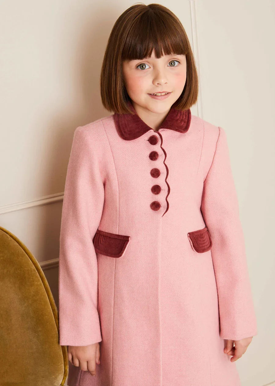 Pink Single Breasted Scallop Detail Coat for Girls (2-10 Years) - Perfect for School, Parties & Special Occasions